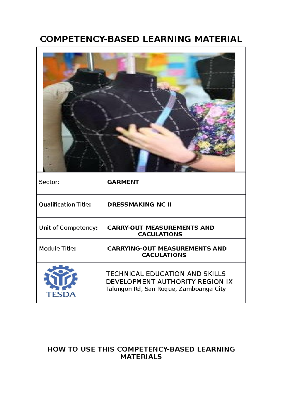 Common Competency Module: Measurements and Calculations in Dressmaking ...