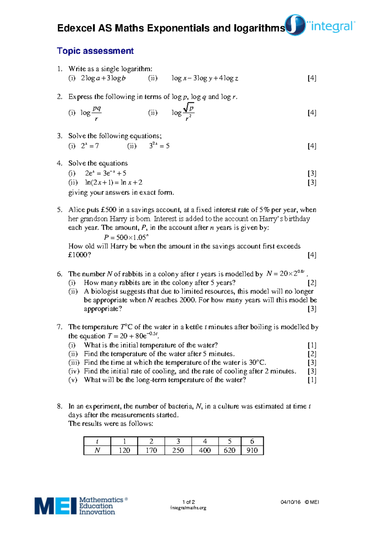 Exponentials and Logs - Edexcel AS Maths Exponentials and logarithms 1 ...