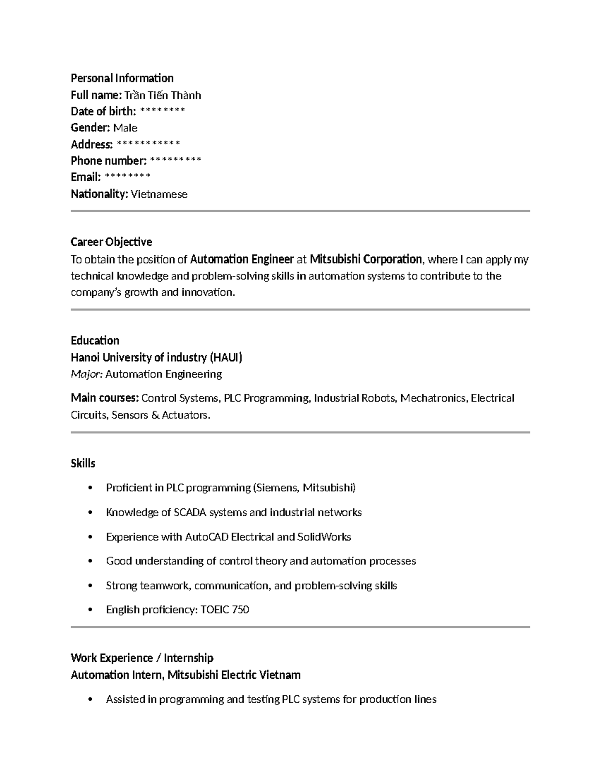 Resume: Automation Engineer Position Application - Trần Tiến Thành ...