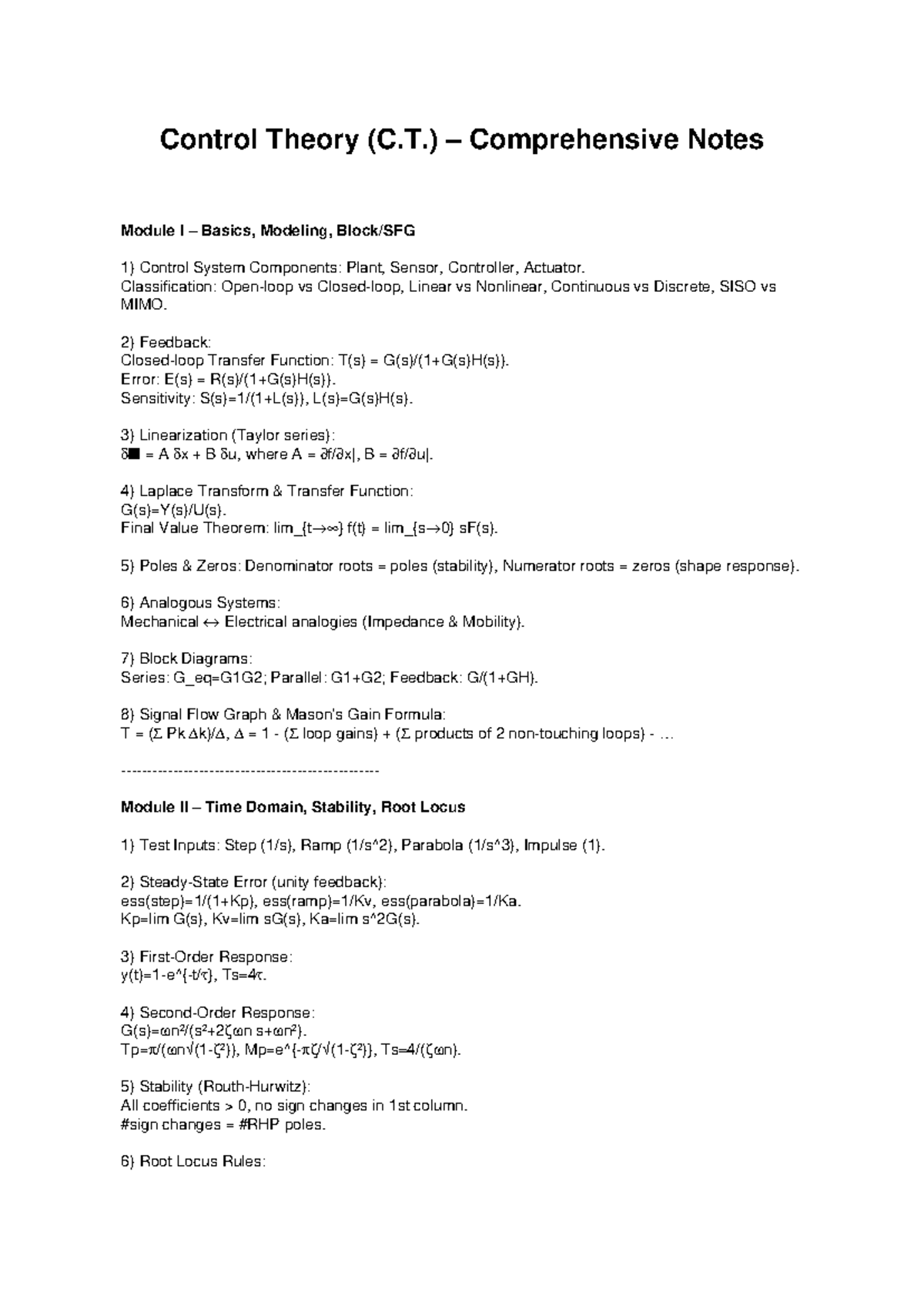 Control Theory (C.T.) Comprehensive Notes: Module I Basics & Modeling ...