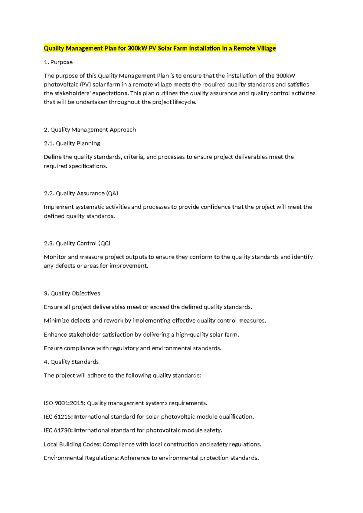 Quality Management Plan for 300kW PV Solar Farm Installation - Studocu