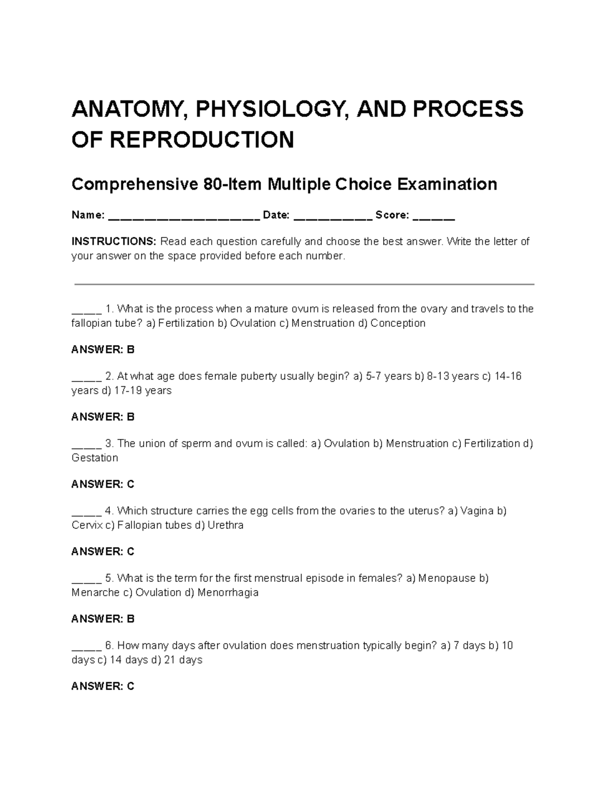 ANATOMY 101: Comprehensive MCQ Exam on Reproduction Processes - Studocu