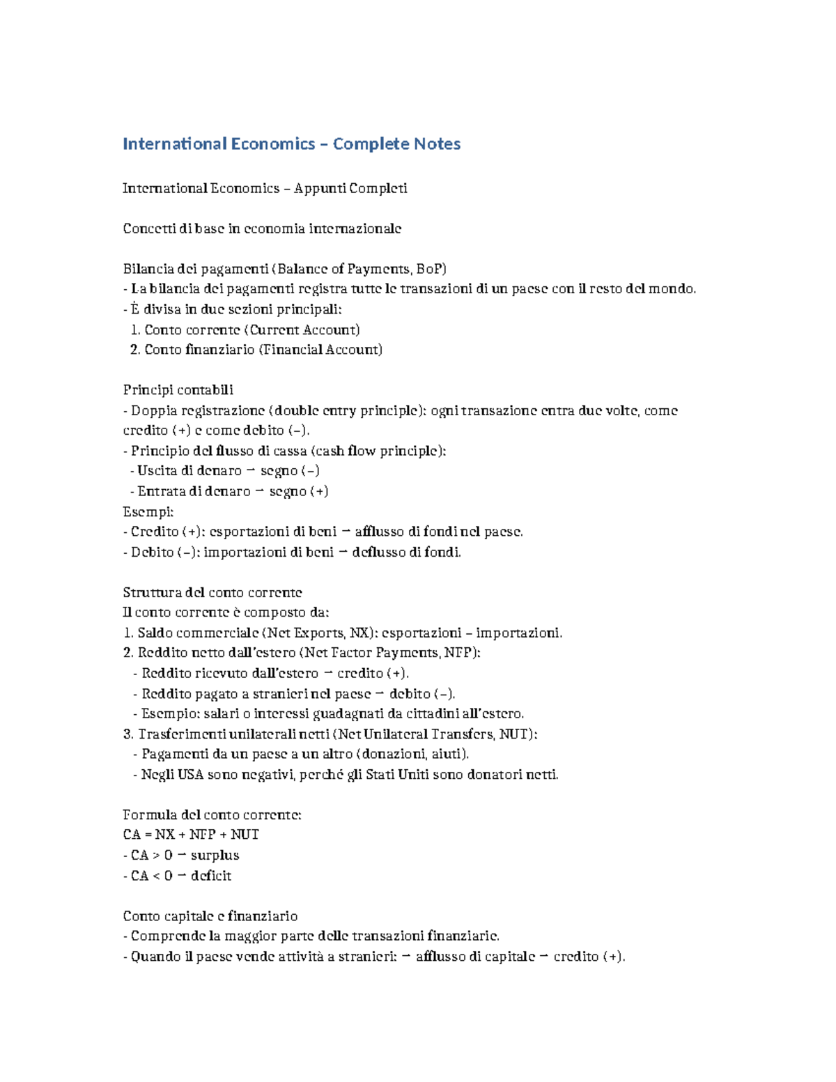 International Economics Complete Notes (IE 101) - Studocu