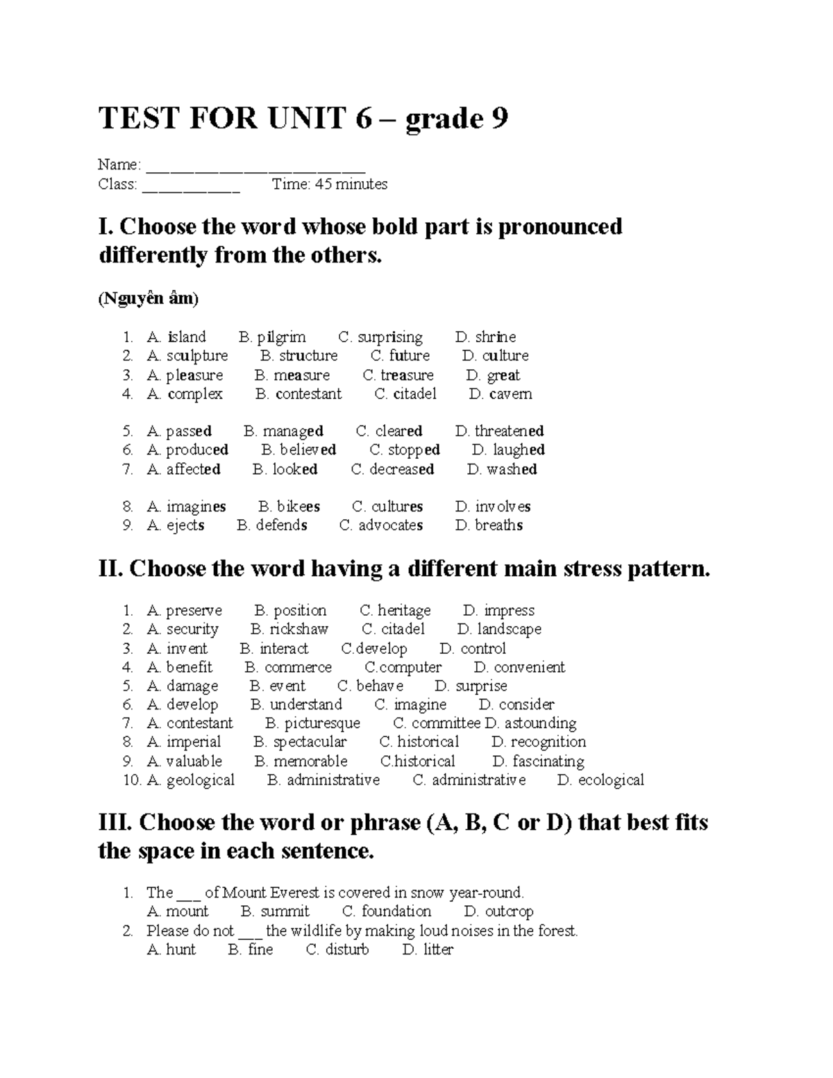 TEST FOR UNIT 6 GRADE 9 - VOCABULARY & WRITING EXERCISES - Studocu