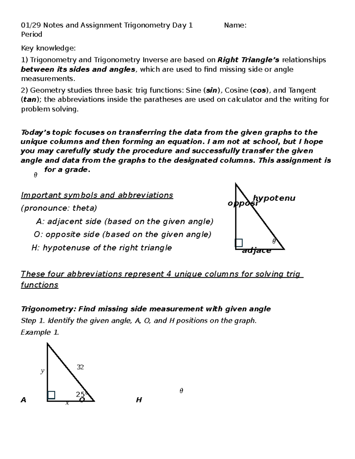 01.29 Trig Notes & Assignment: Day 1 Key Concepts - Studocu