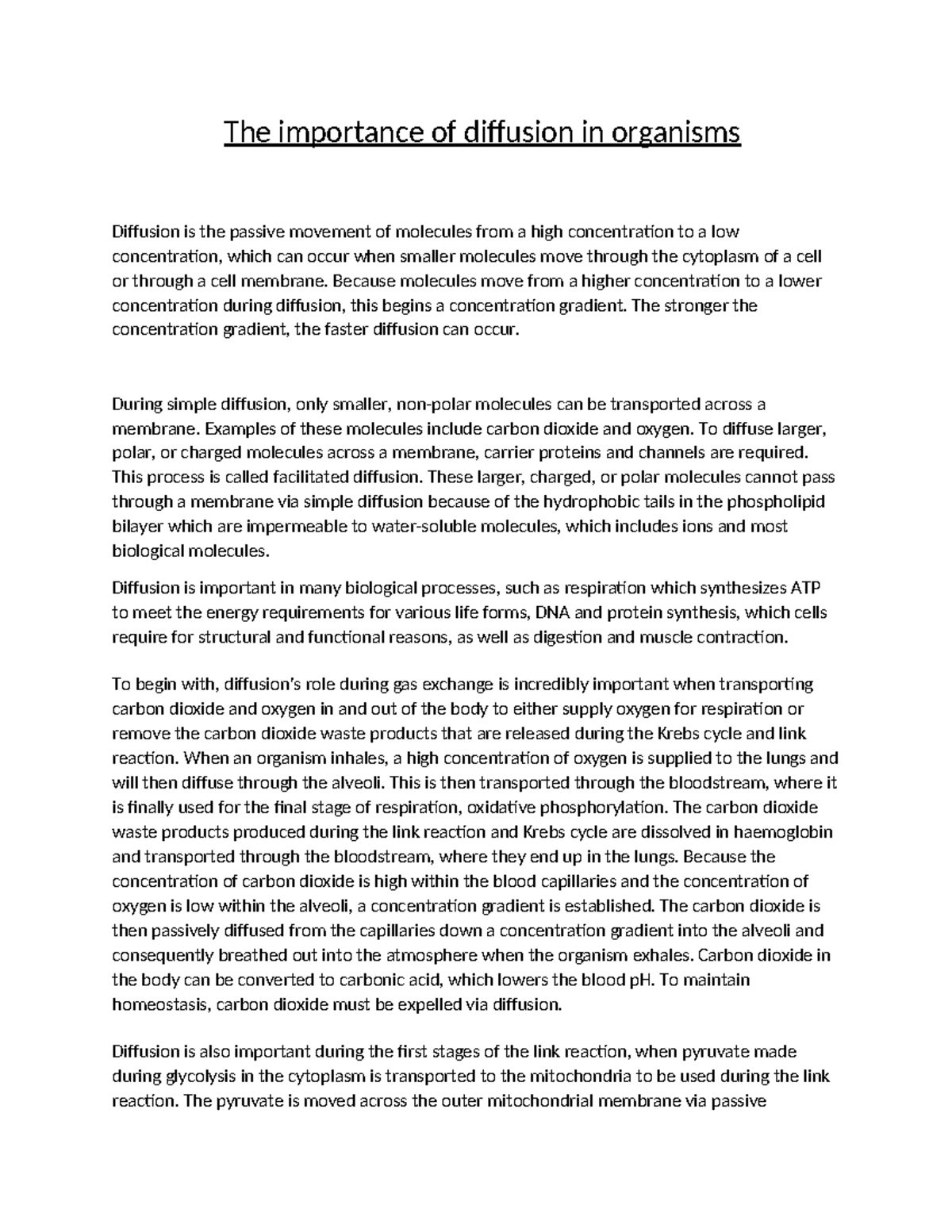 Biology Essay: The Role of Diffusion in Organism Functioning - Studocu