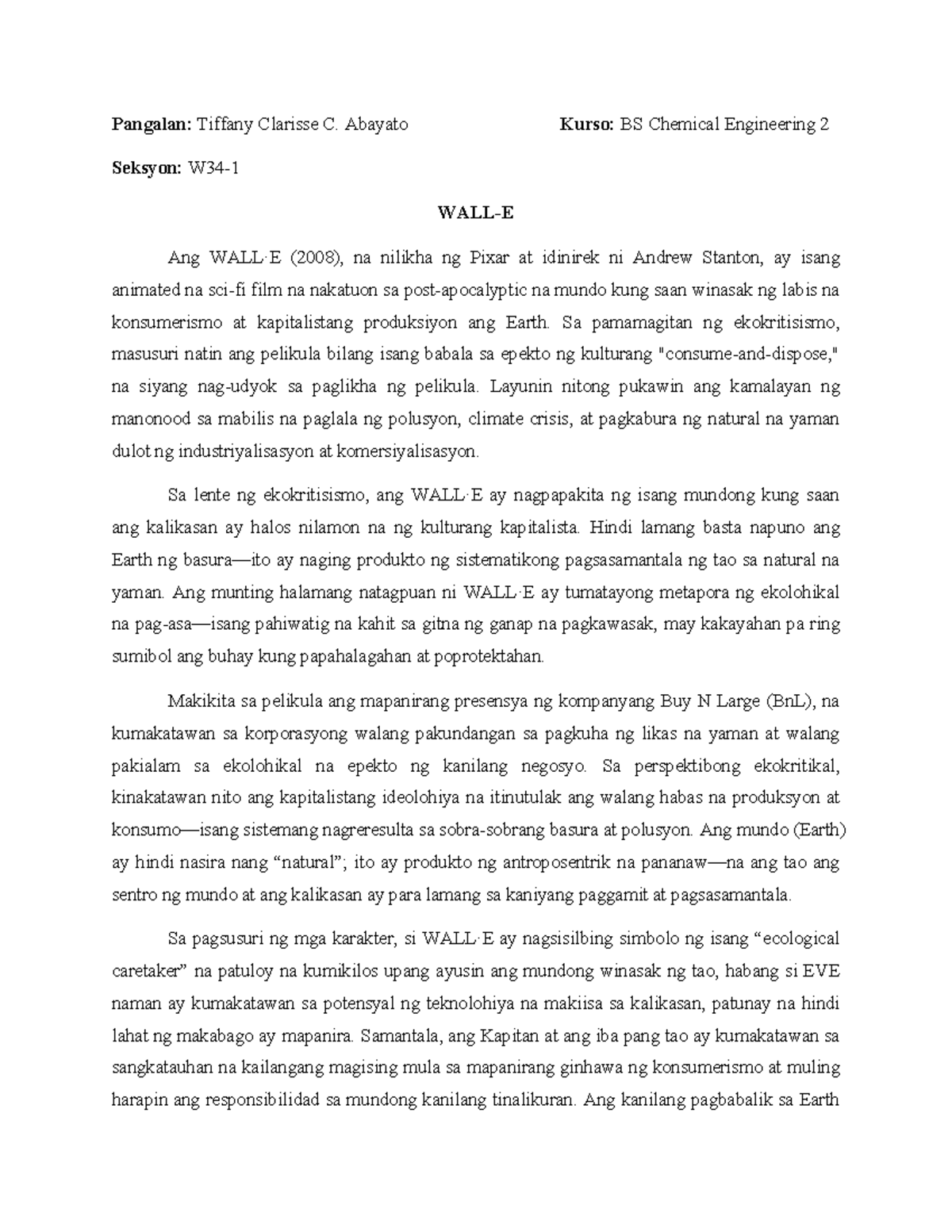 Wall-E - Ekokritikal na Pagsusuri para sa FIL102 Essay - Studocu
