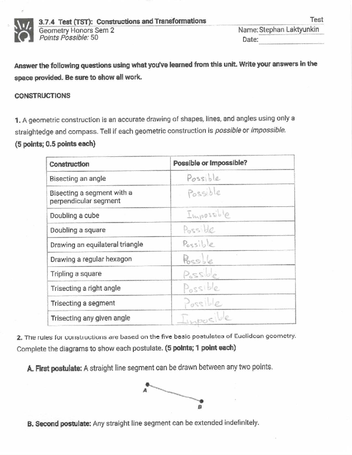TST 3.7.4 Geometry Honors: Constructions & Transformations Test - Studocu
