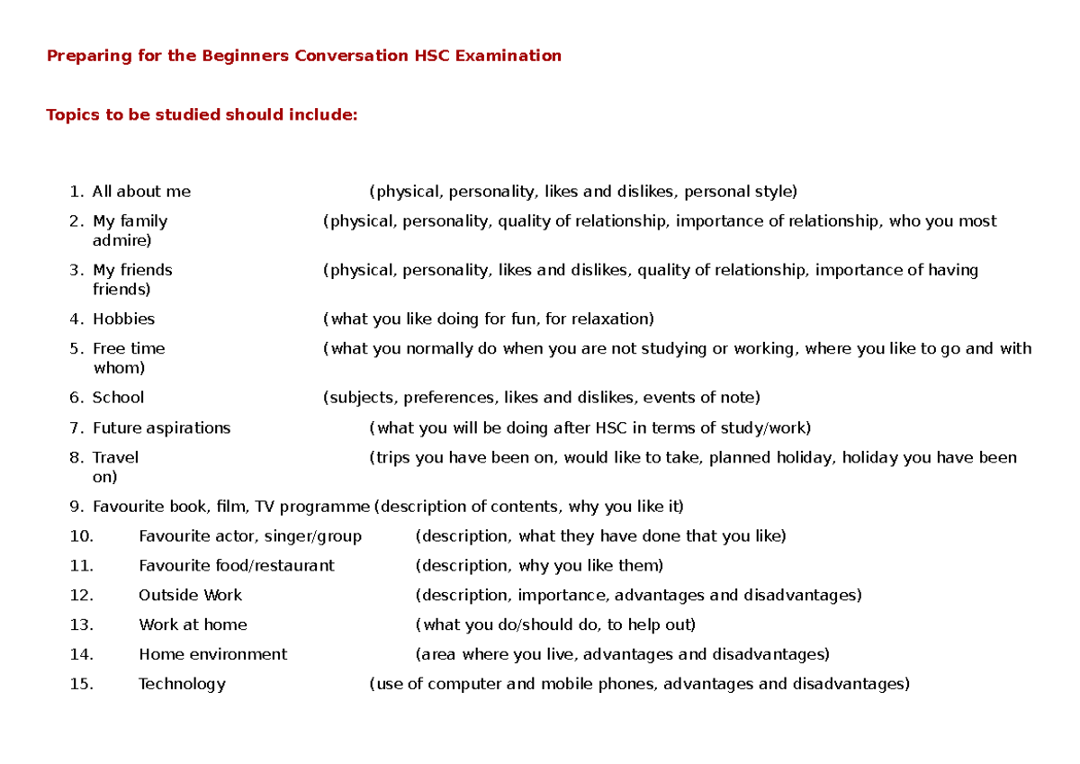 HSC Speaking Exam: Beginners Conversation Preparation Guide - Studocu