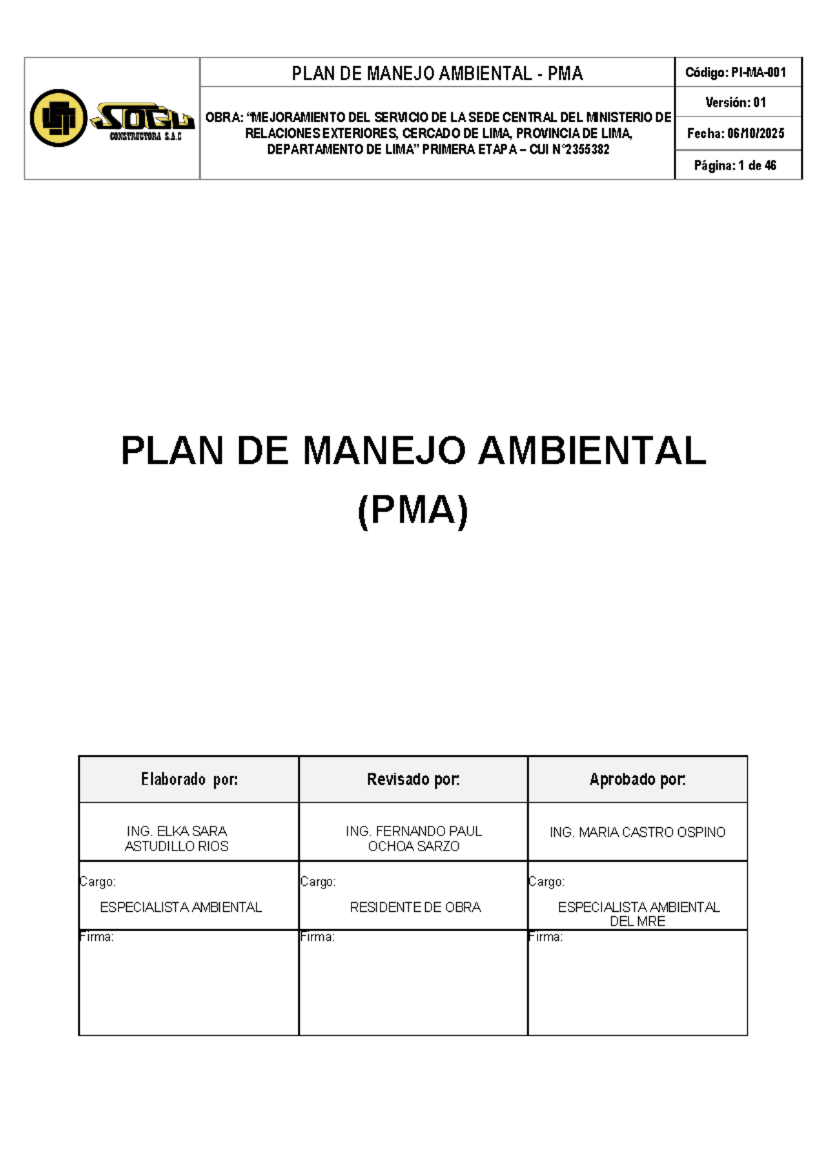 Plan de Manejo Ambiental PMA - Ministerio de Relaciones Exteriores - Document Preview