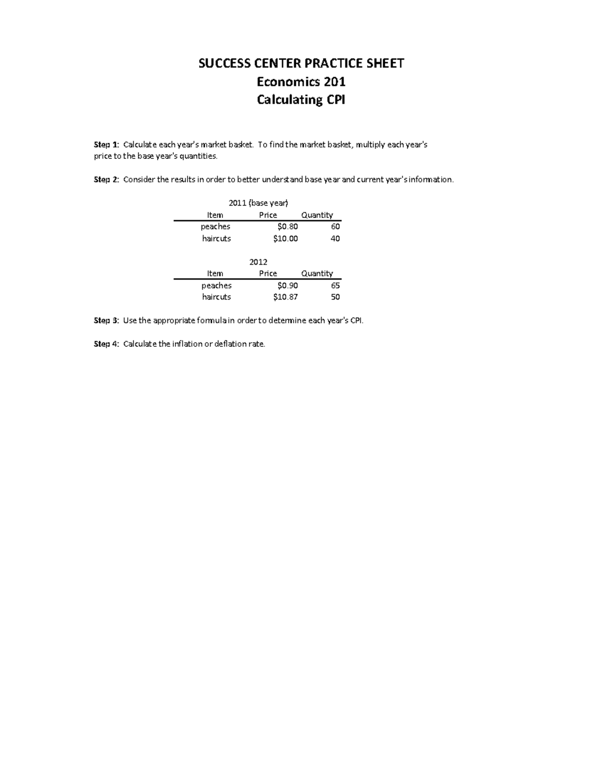 Econ 201 Final Exam Practice: Calculating CPI and Inflation Rates ...