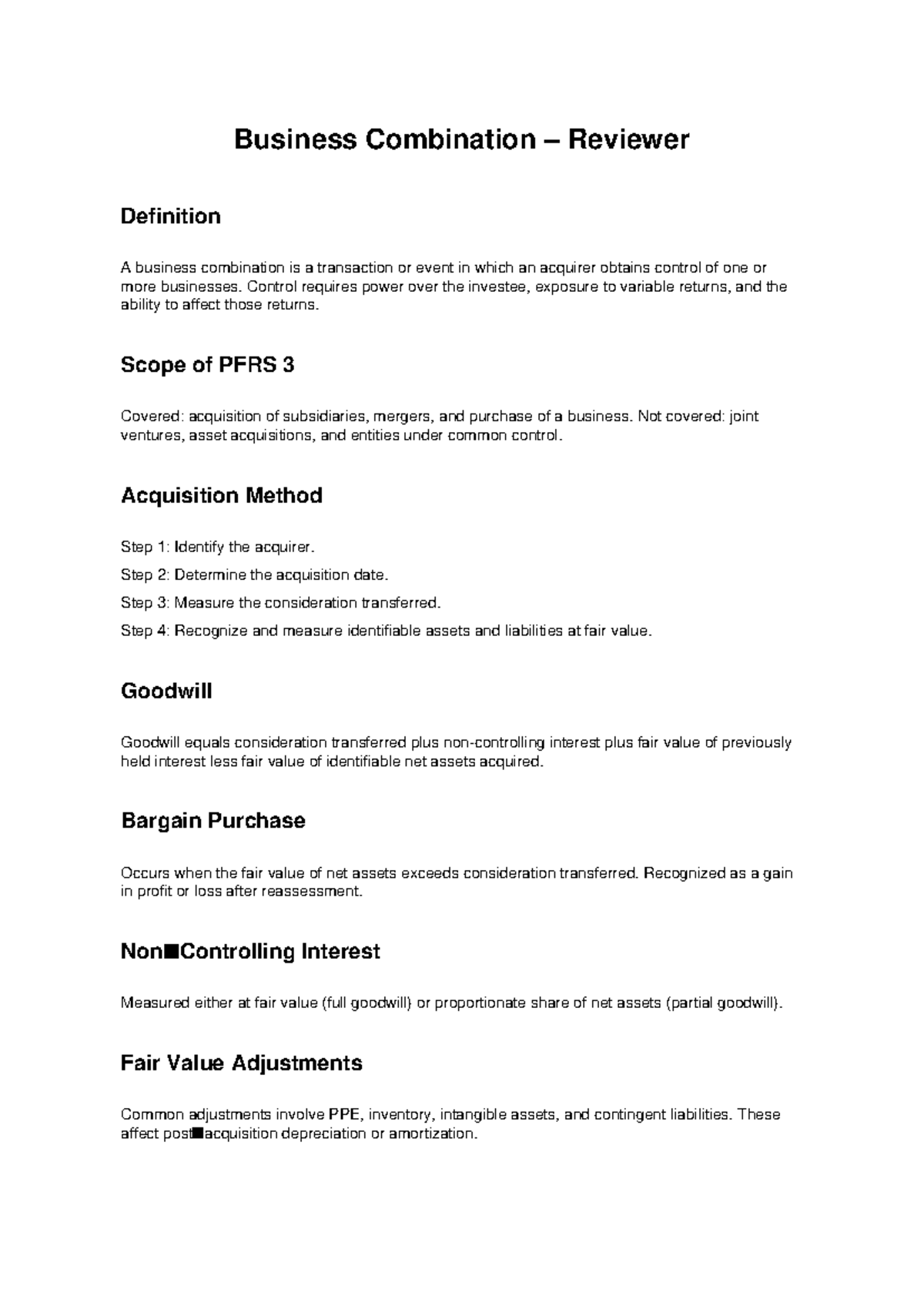 Business Combination Reviewer: PFRS 3 Overview and Key Concepts - Studocu