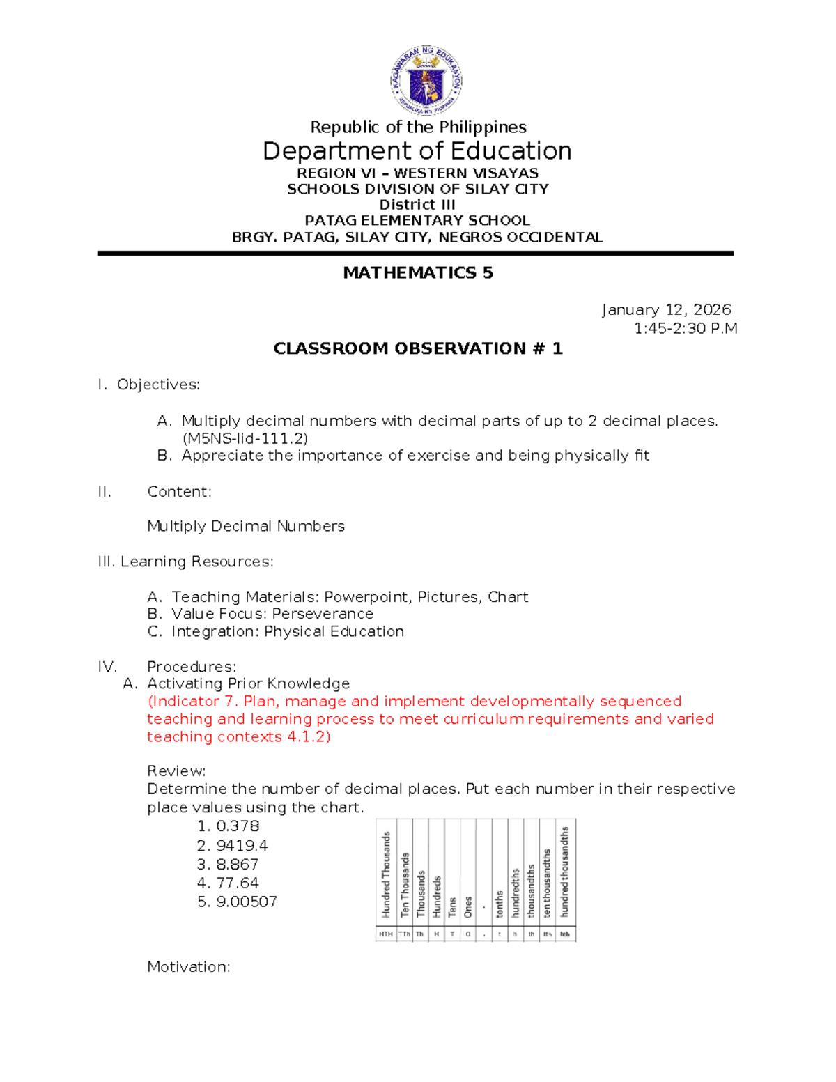 Lesson Plan: MATH 5 - Multiplying Decimals (Classroom Observation ...