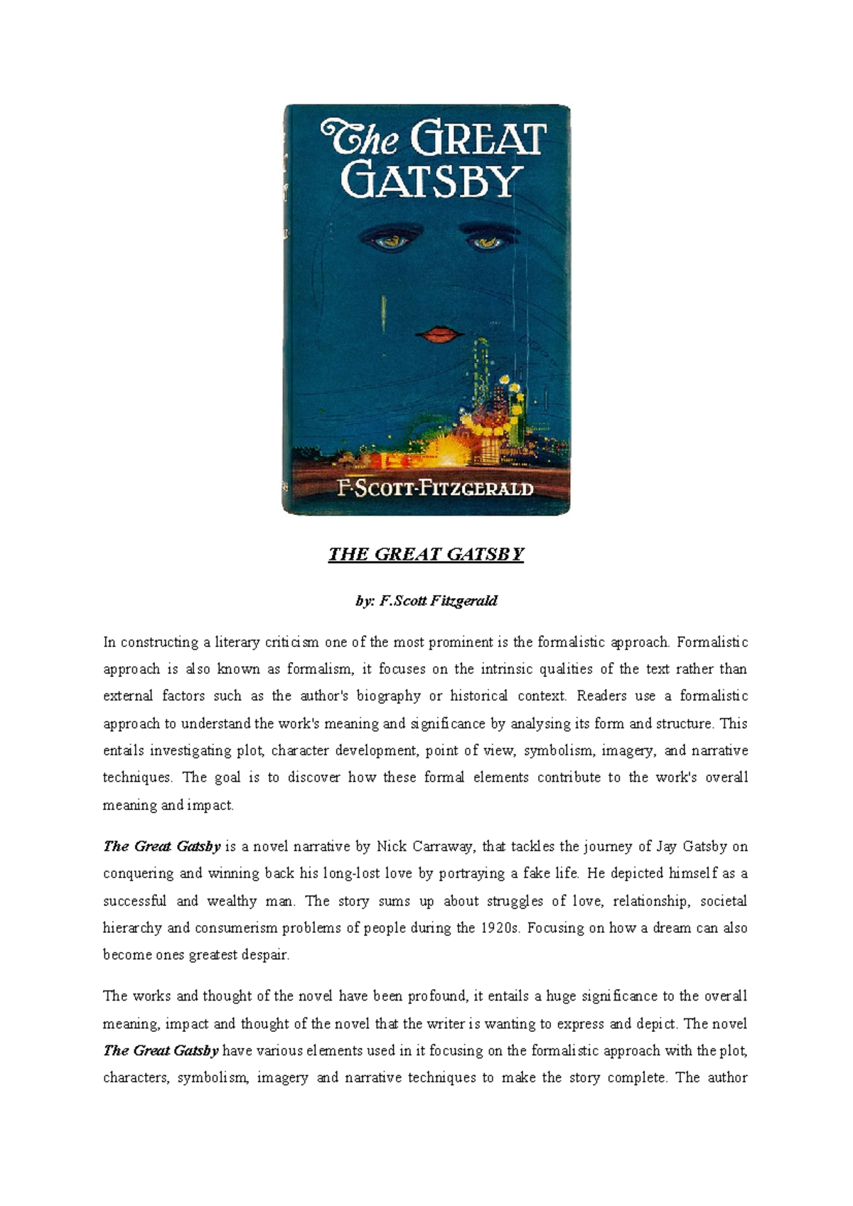 Formalistic Analysis of The Great Gatsby – FIC 101 Notes - Studocu