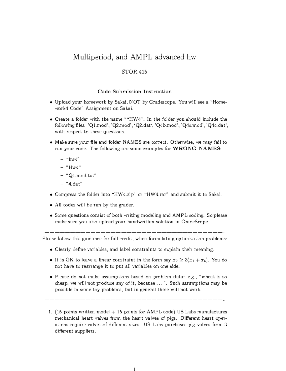 STOR 415 HW 4 - Multiperiod Optimization & AMPL Code Guide - Studocu