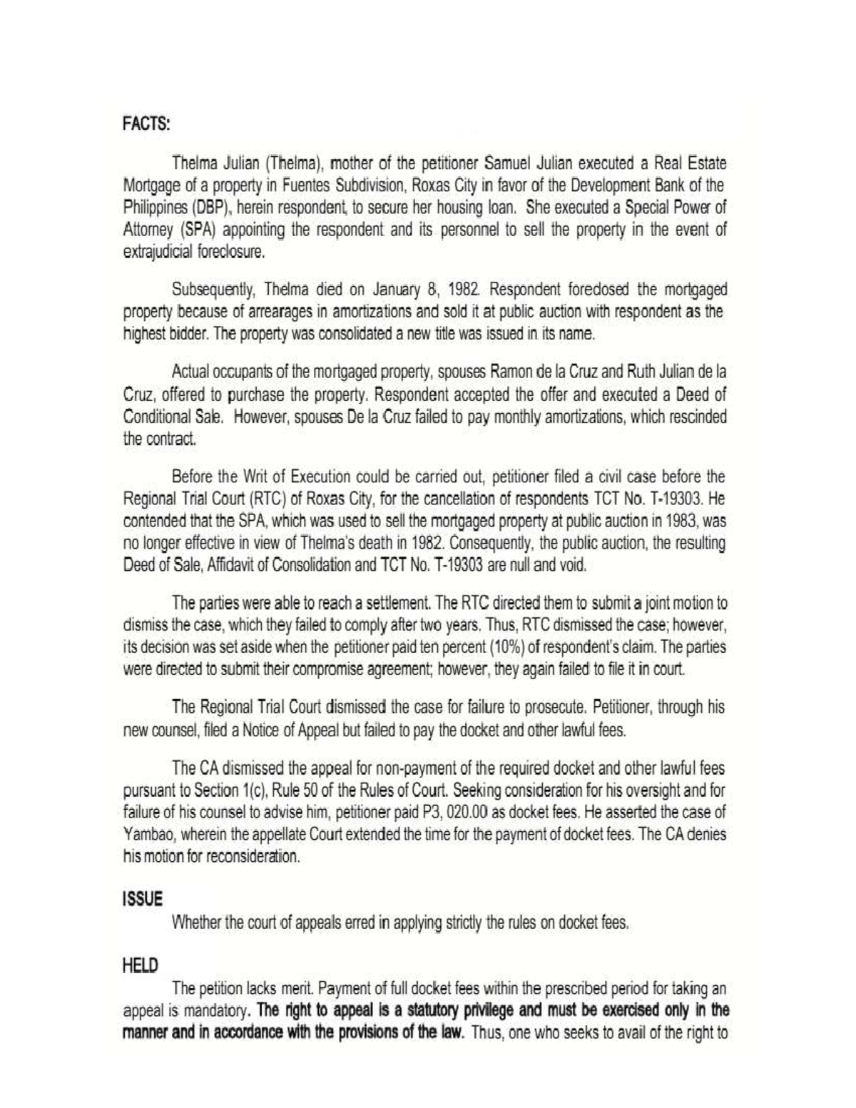 Julian v. DBP: Legal Analysis of Docket Fees and Appeal Rights - Studocu