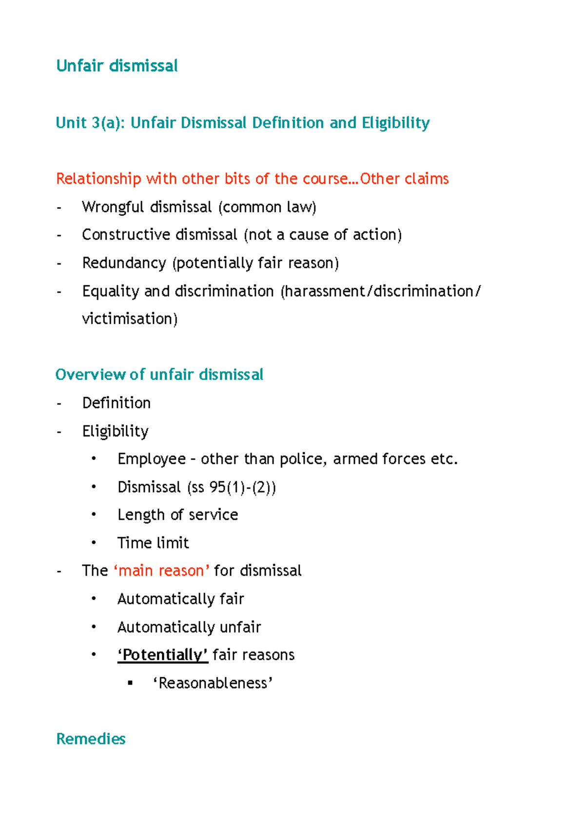 Unit 3: Unfair Dismissal - Comprehensive Study Notes for Exam - Studocu