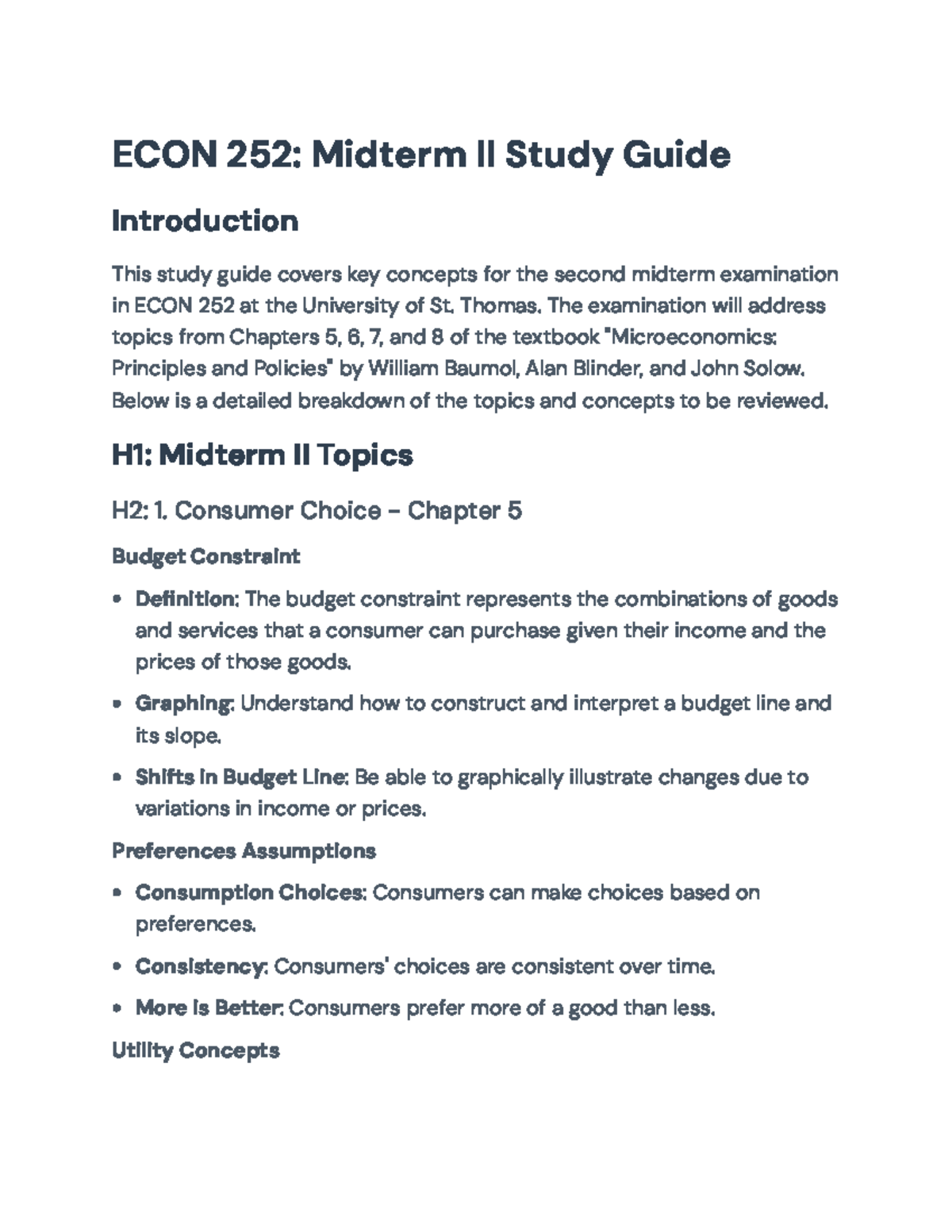 ECON 252: Midterm II Study Guide on Consumer Choice, Elasticity, and ...
