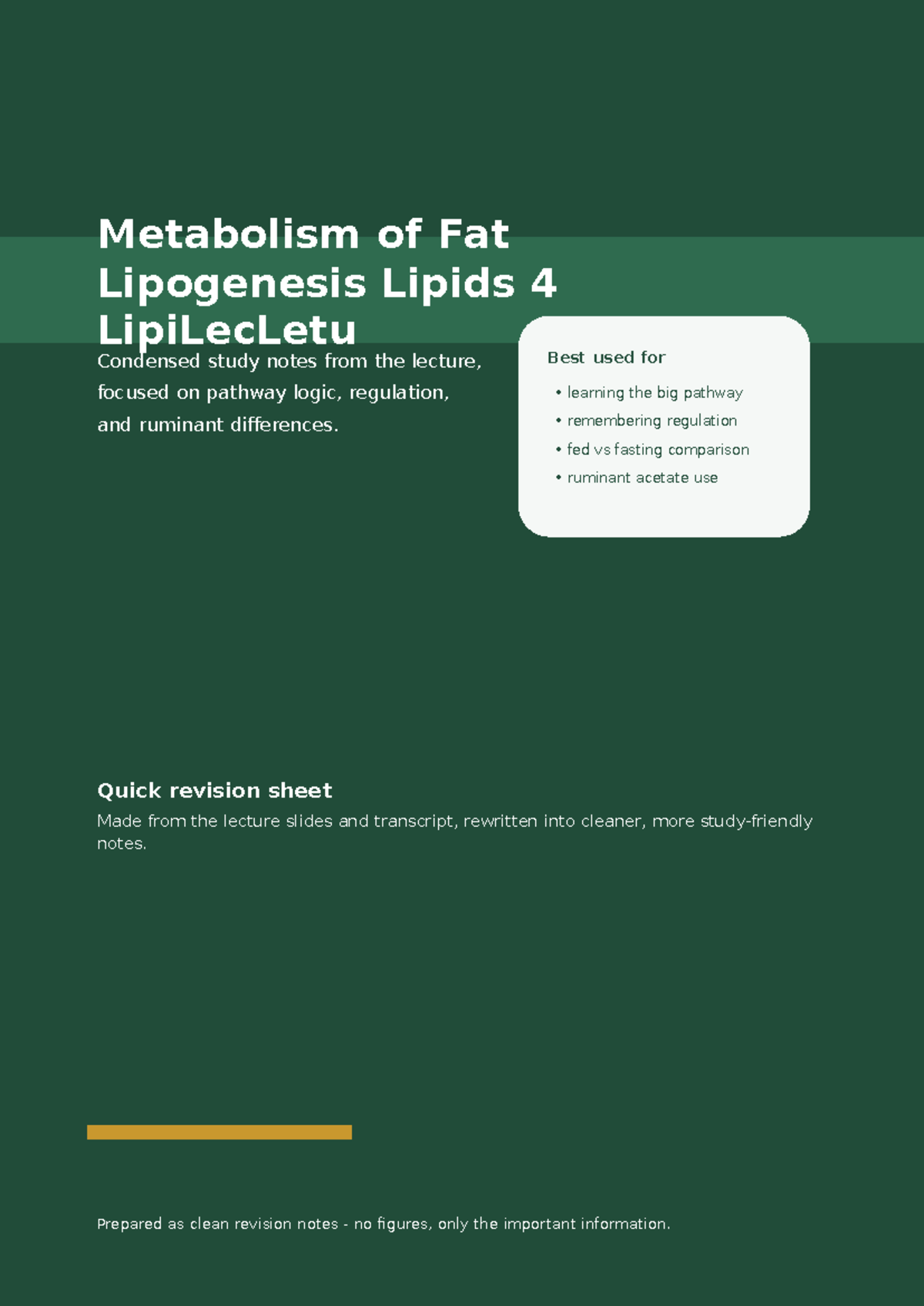 Lipogenesis Study Notes (LipiLecLetu) - Key Pathways & Regulation - Studocu