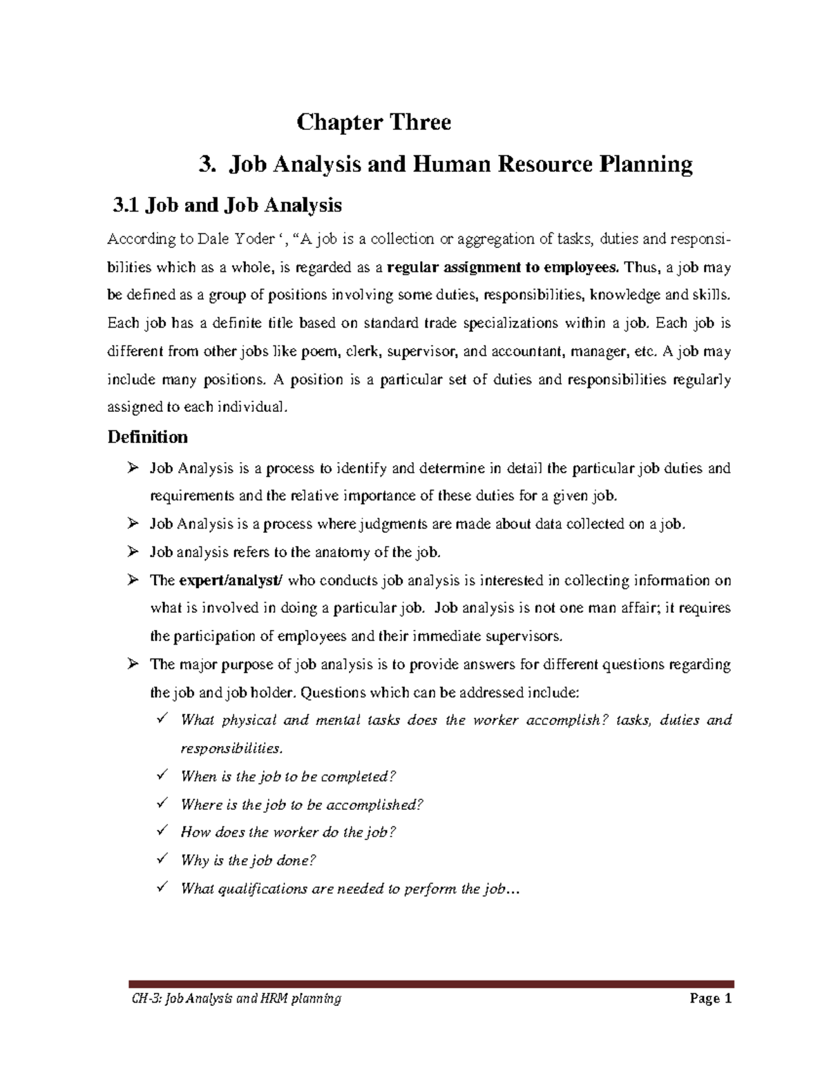 CH - 3 - Job Analysis and Human Resource Planning Notes - Studocu