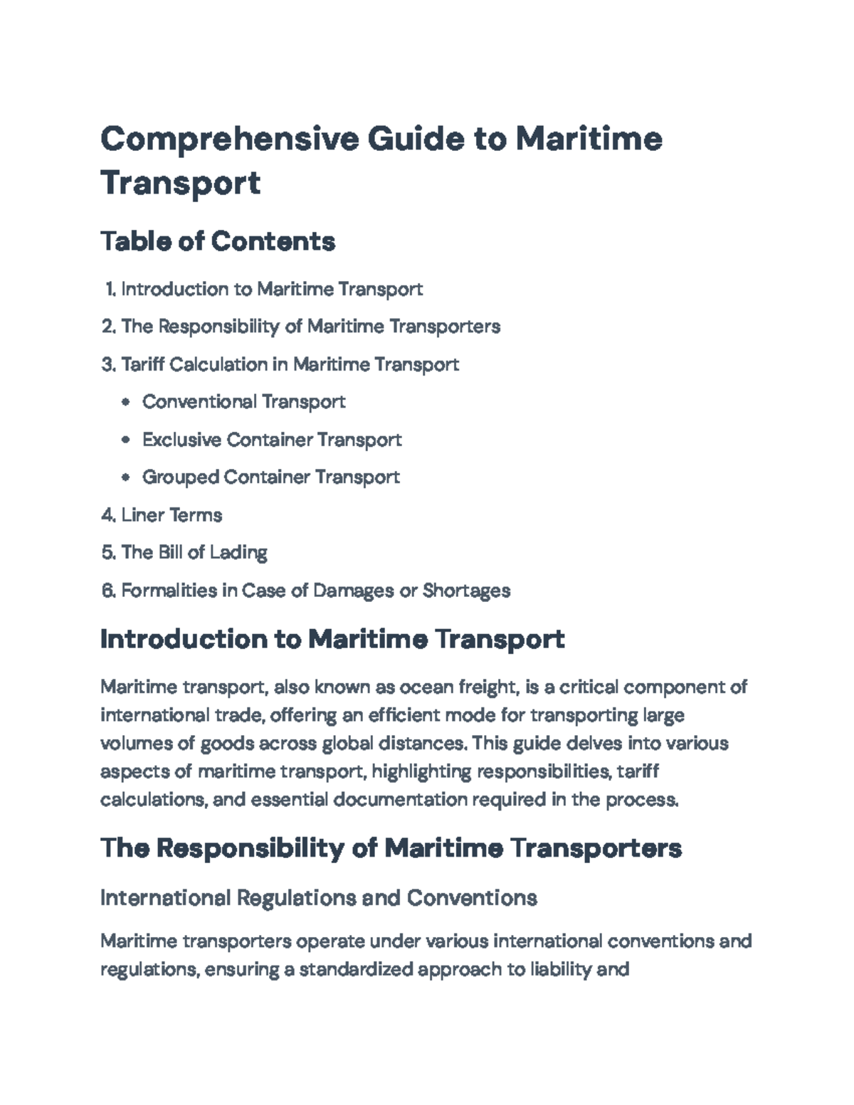 Maritime Transport: Tariff Calculations & Responsibilities Overview ...