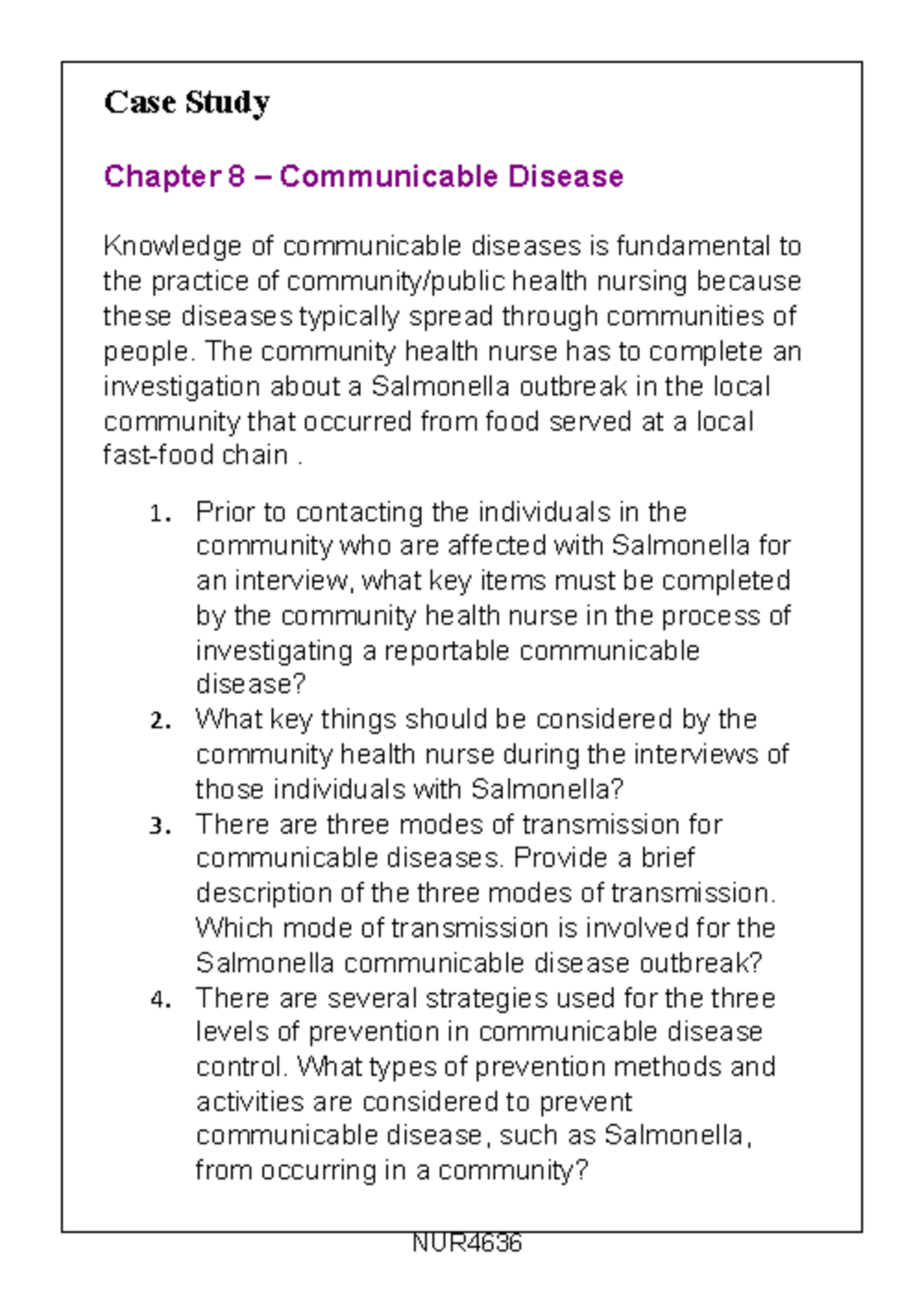 Lesson 17 Case Study Chpt8 - Case Study Chapter 8 – Communicable ...