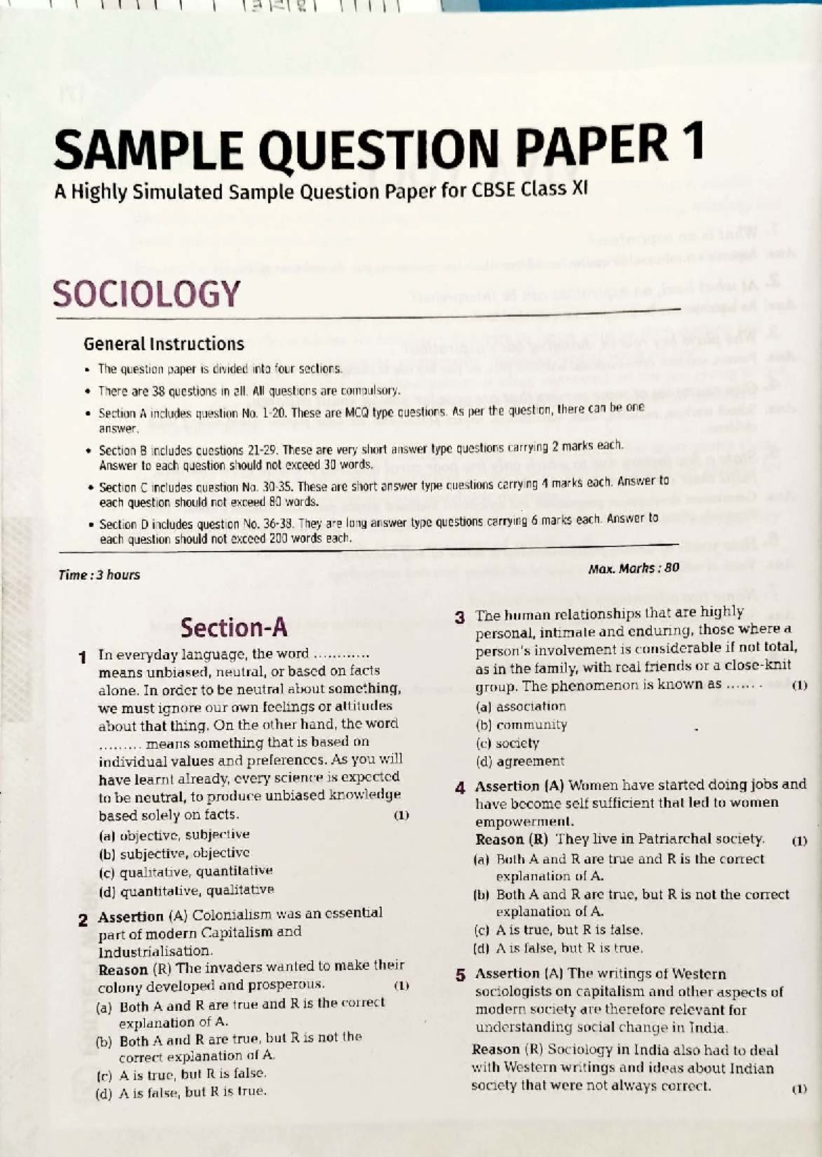 Sociology Class XI Sample Question Paper 1: Comprehensive Guide - Studocu