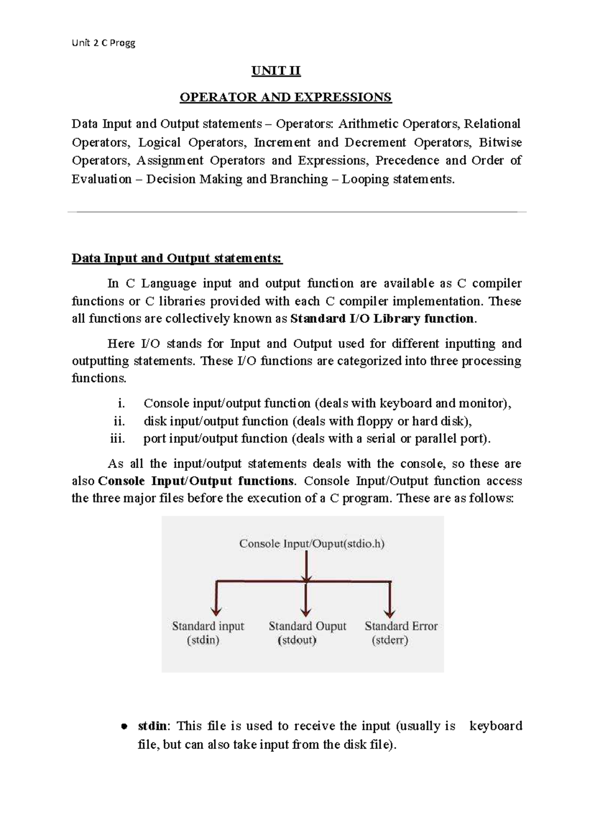 C UNIT 2 Final Exam Notes - Operators and Expressions in C - Studocu