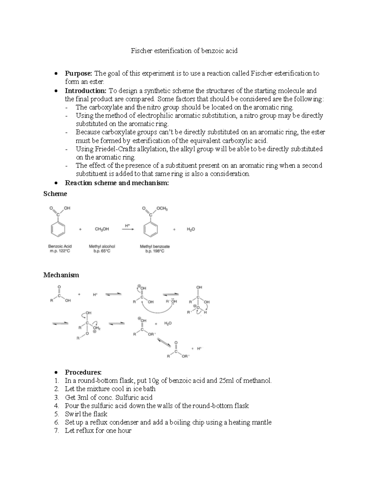 Fischer Esterification of Benzoic Acid: Experiment Procedure & Analysis ...