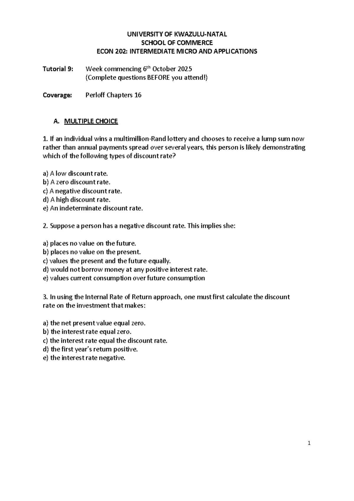 ECON 202: Intermediate Micro Tutorial 9 - Week of Oct 6, 2025 - Studocu
