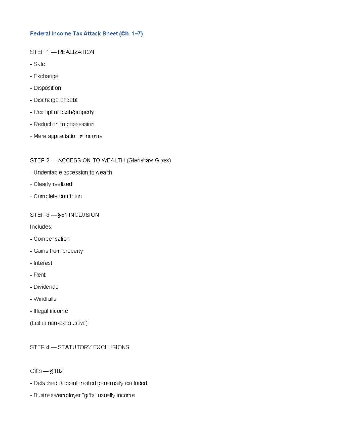 Federal Income Tax Attack Sheet: Key Concepts & Exam Traps - Studocu