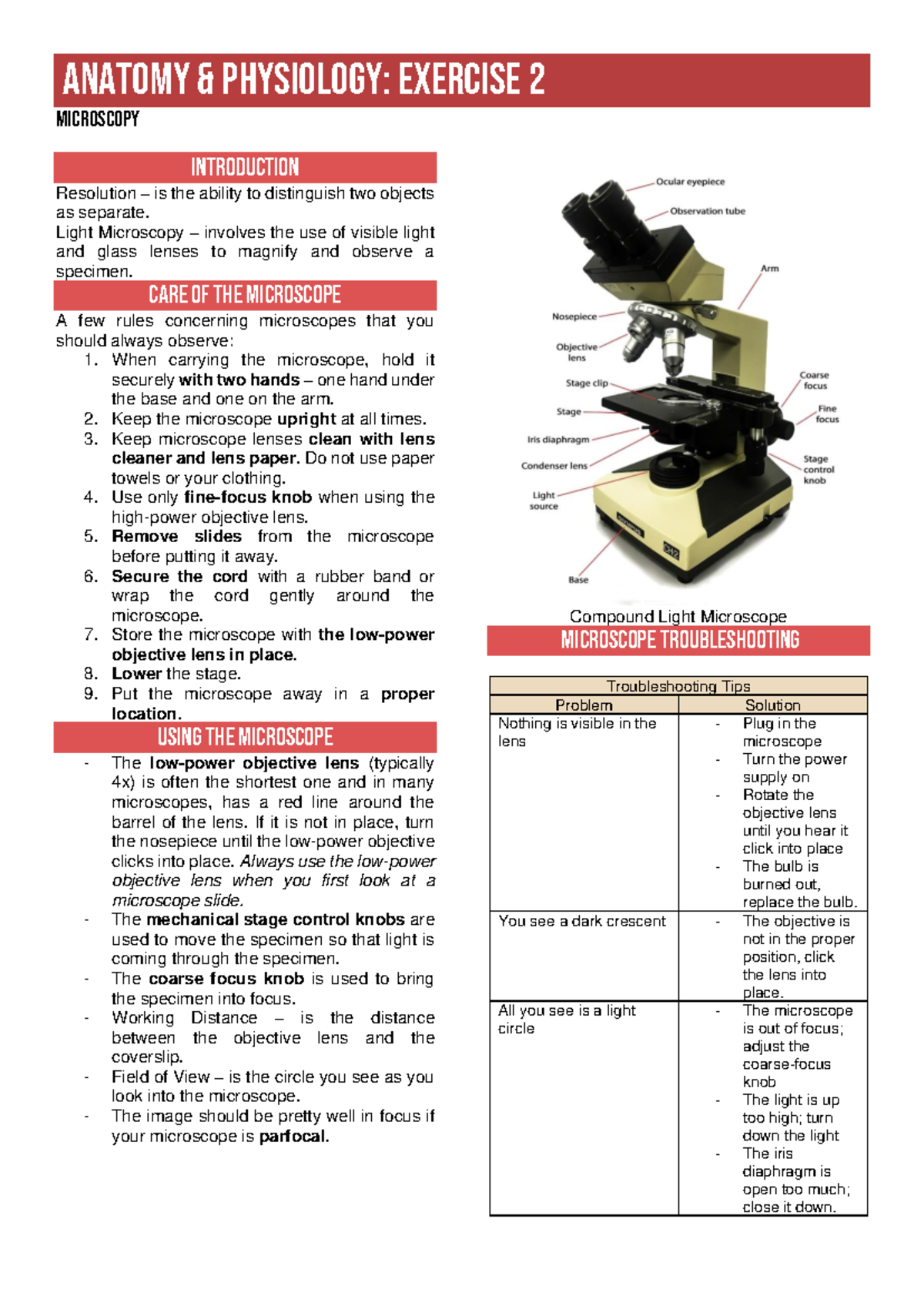 ANAT 101: Microscopy & Care Procedures - Exercise 2 Notes - Studocu