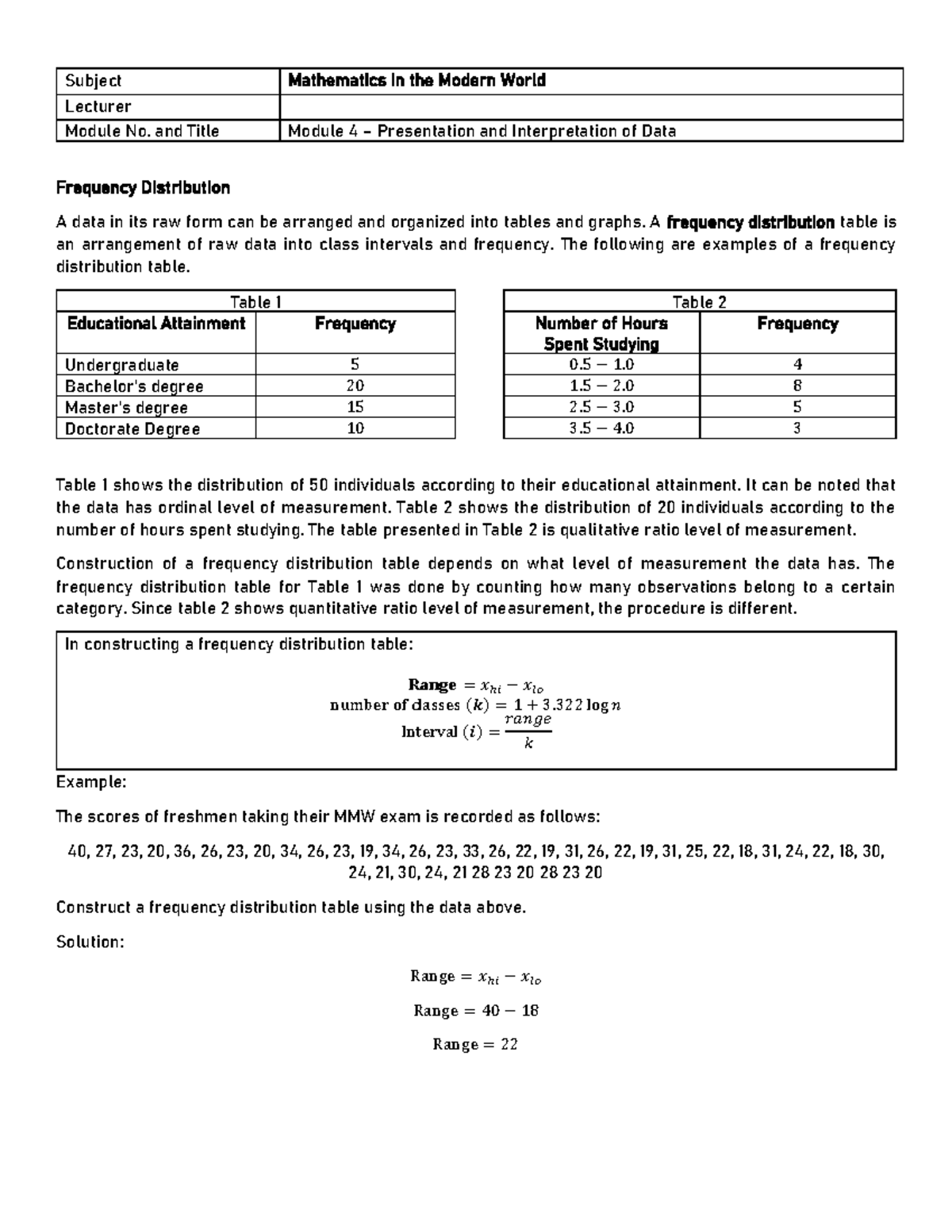 MMW Module - Stat - Frequency Distribution A data in its raw form can ...