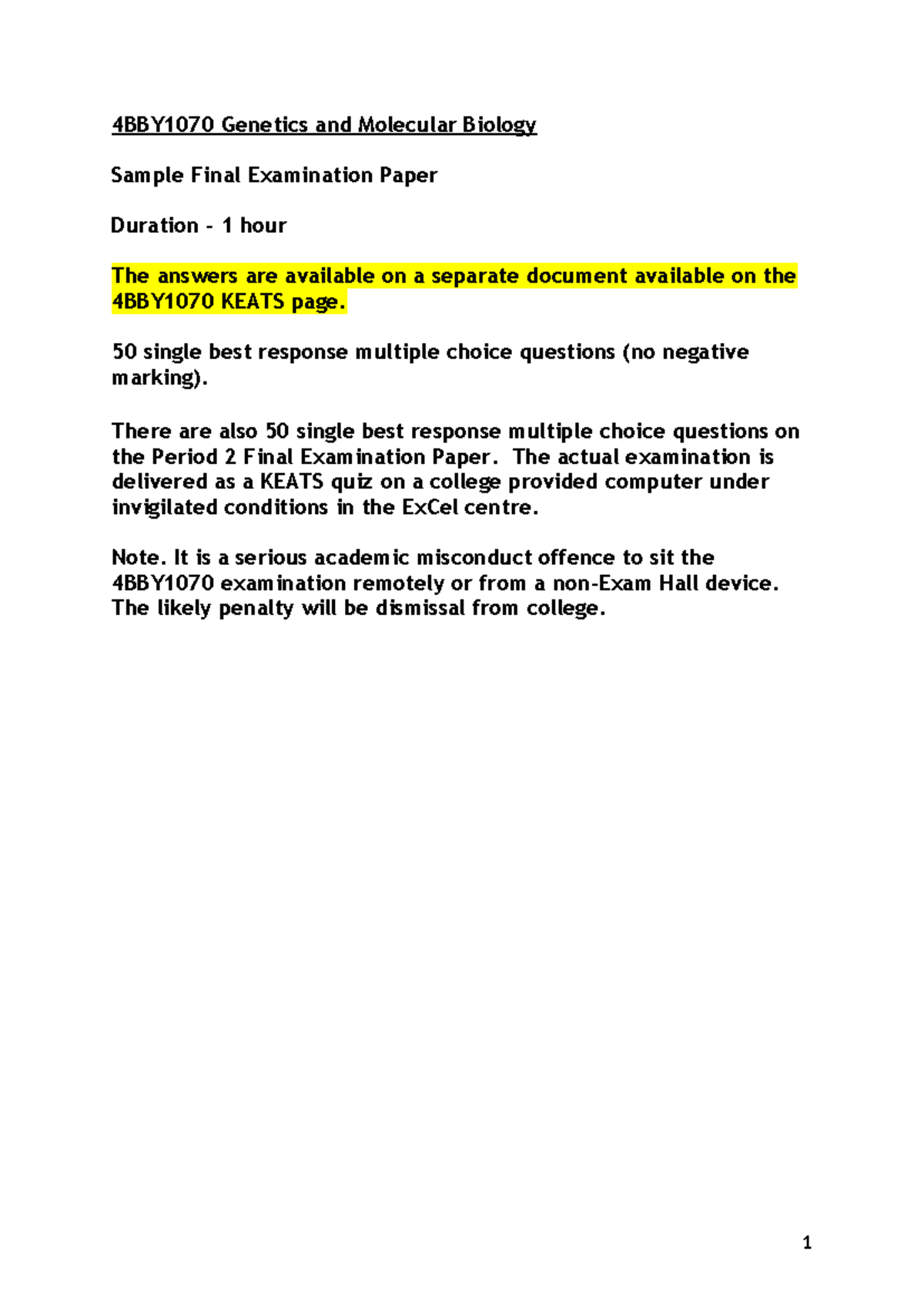 4B1070 Genetics and Molecular Biology Sample Final Exam Questions - Studocu