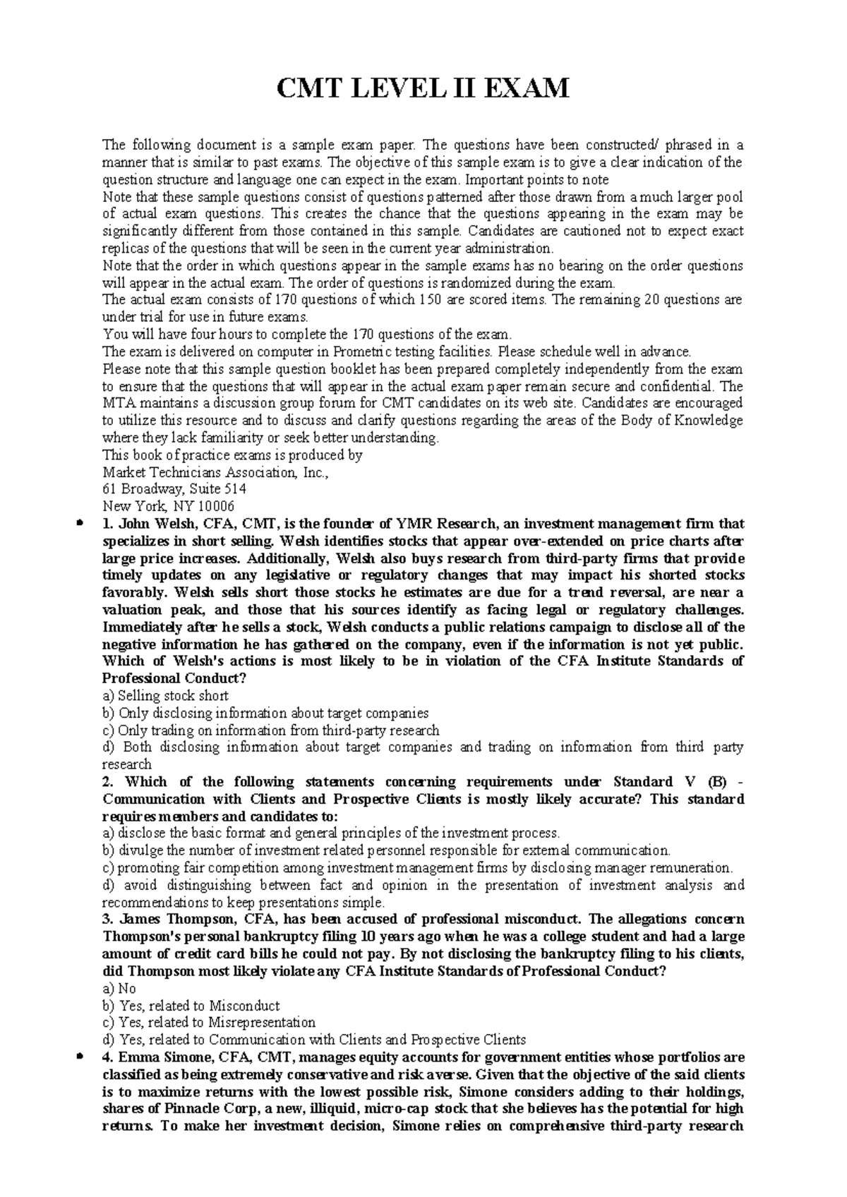 CMT Level II Sample Exam Questions and Answers - Studocu