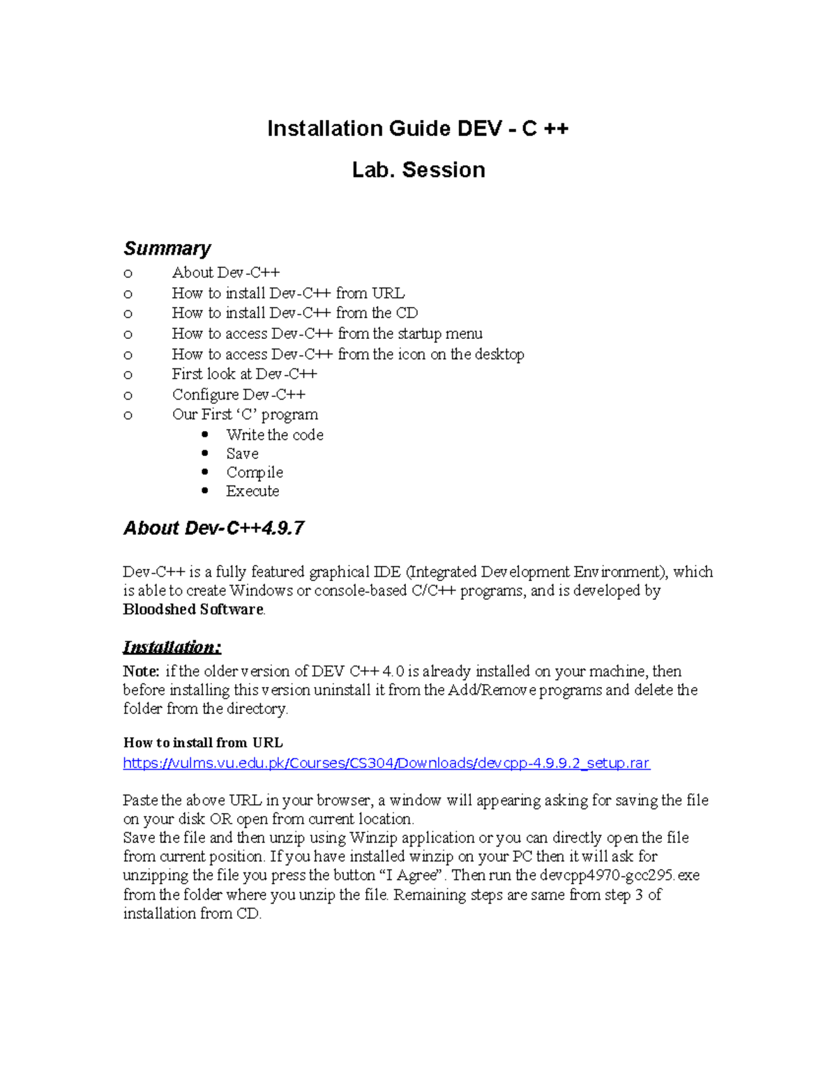 Installation Guide for Dev-C++ (CS304 - Lab Session) - Studocu