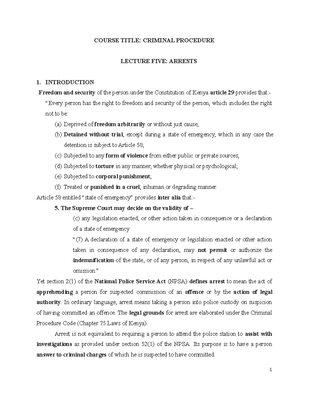 CRIMINAL PROCEDURE LEC 5: ARREST AND DETENTION OVERVIEW - Studocu
