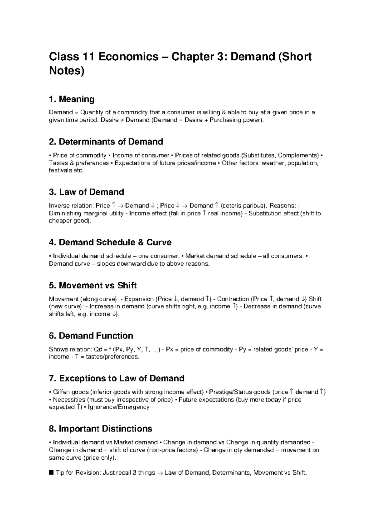 Class 11 Economics Ch 3: Demand - Key Concepts & Notes - Studocu