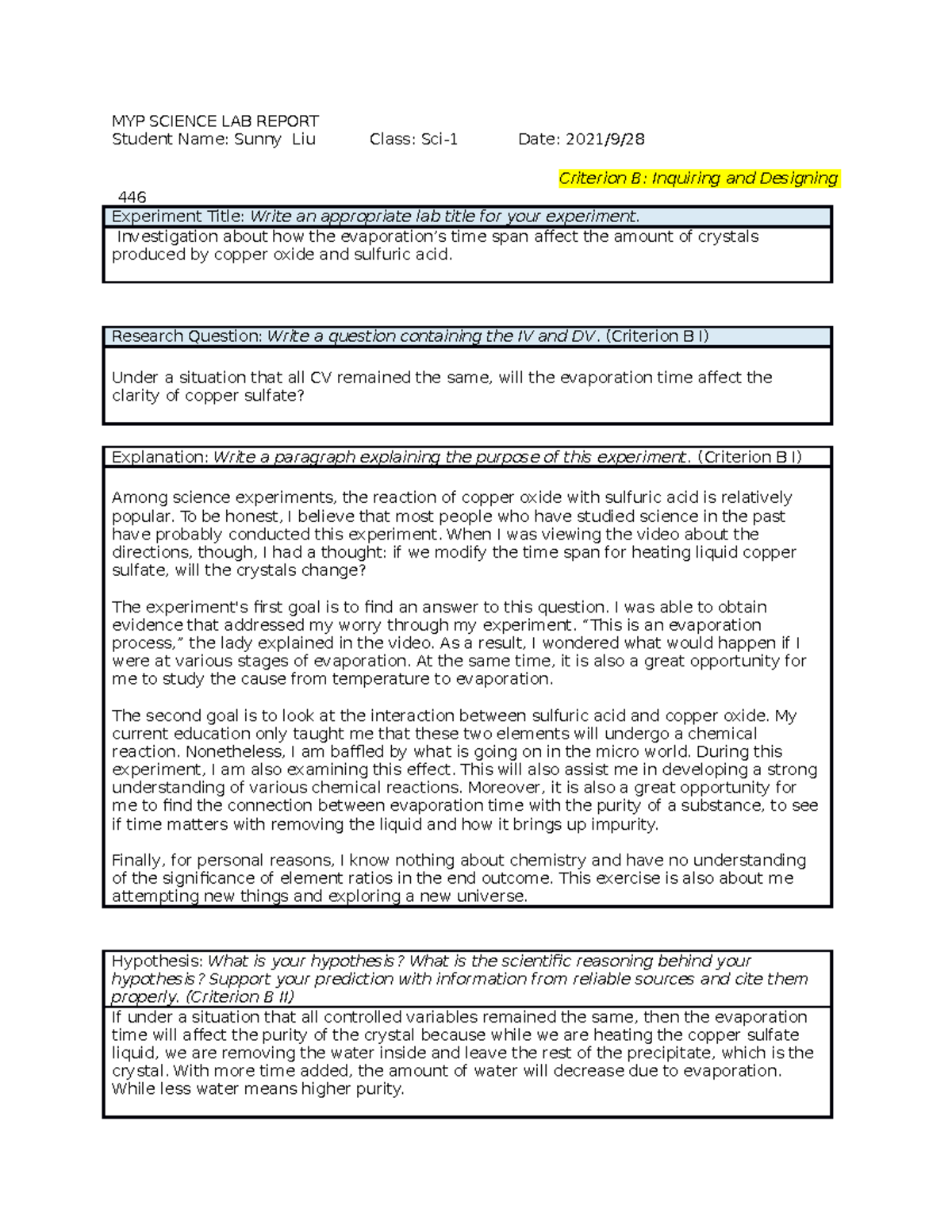 MYP Sci-1 Lab Report: Effect of Evaporation on Copper Sulfate Crystals ...