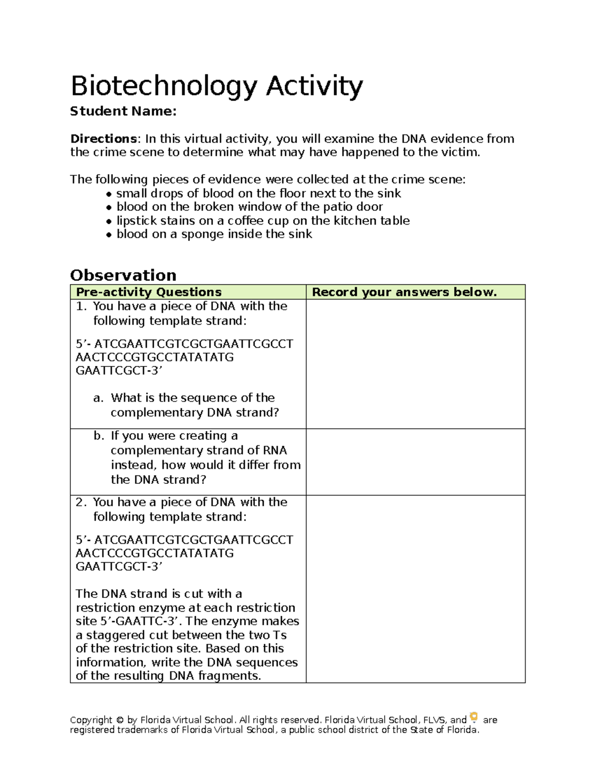 Biotechnology Activity: DNA Evidence Analysis & Investigation - Studocu