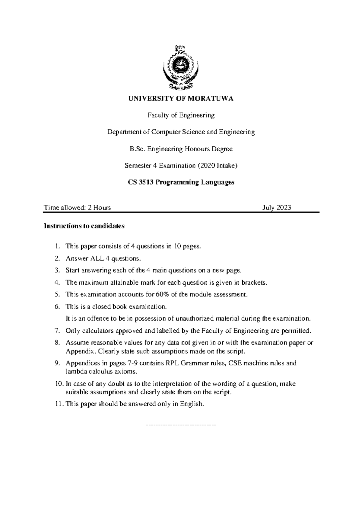 CS 3513 Final Exam - Programming Languages (July 2023) - Studocu
