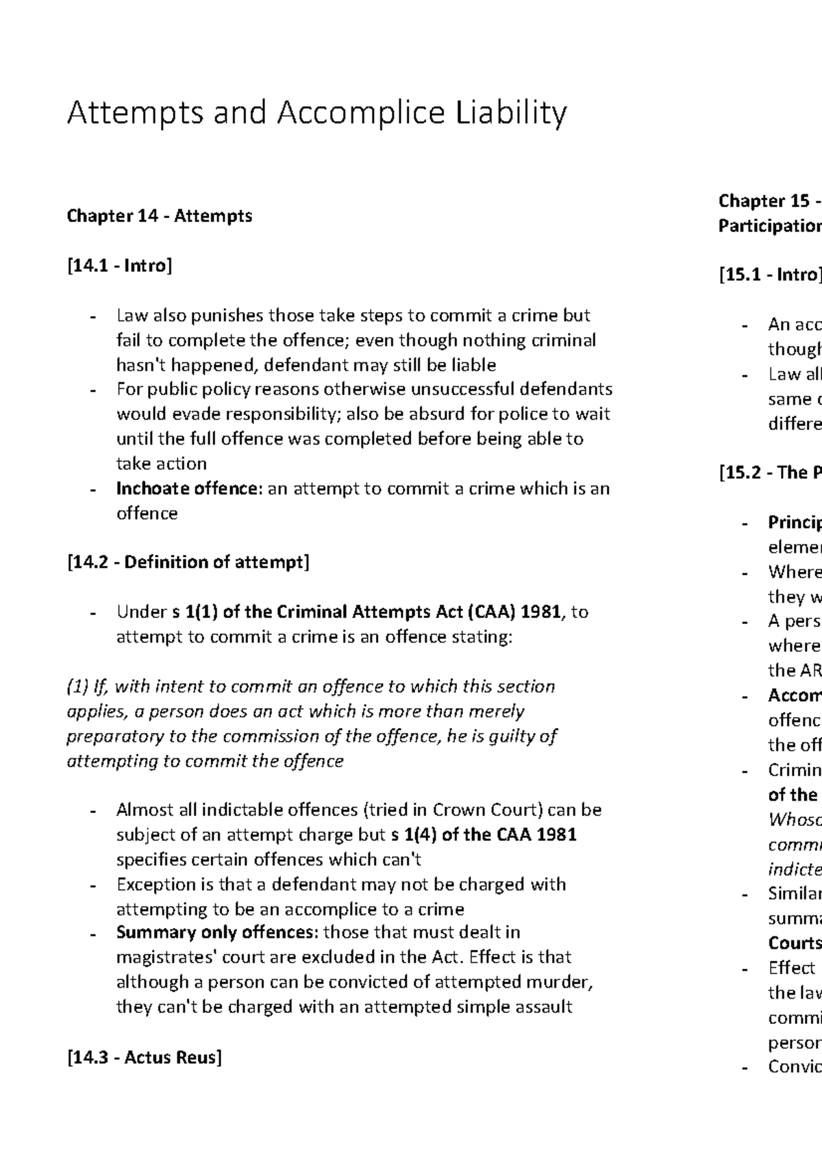 WS14 Chapter 14 - Attempts and Accomplice Liability Notes - Studocu