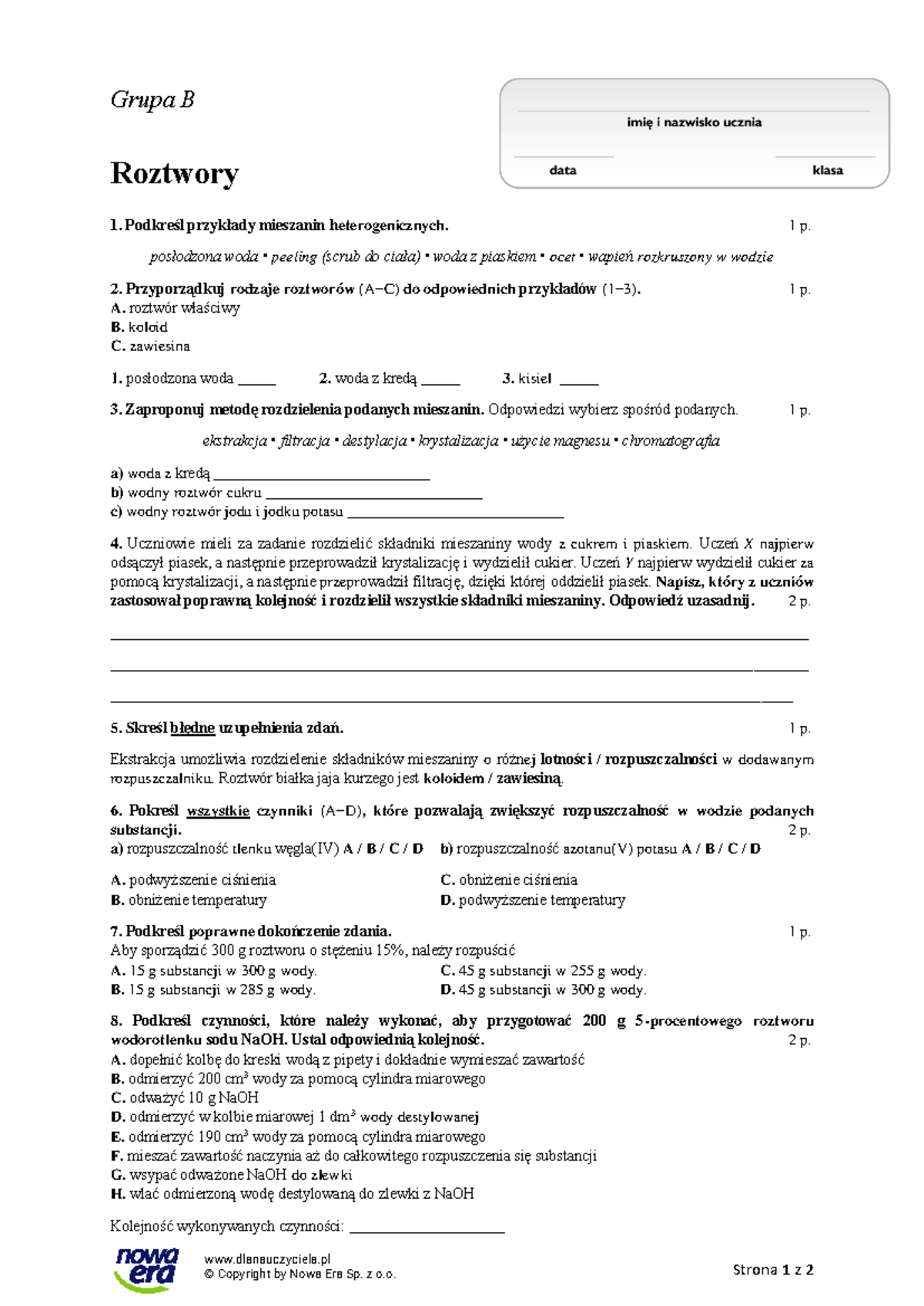 Roztwory Wodne Sprawdzian Gimnazjum Grupa B