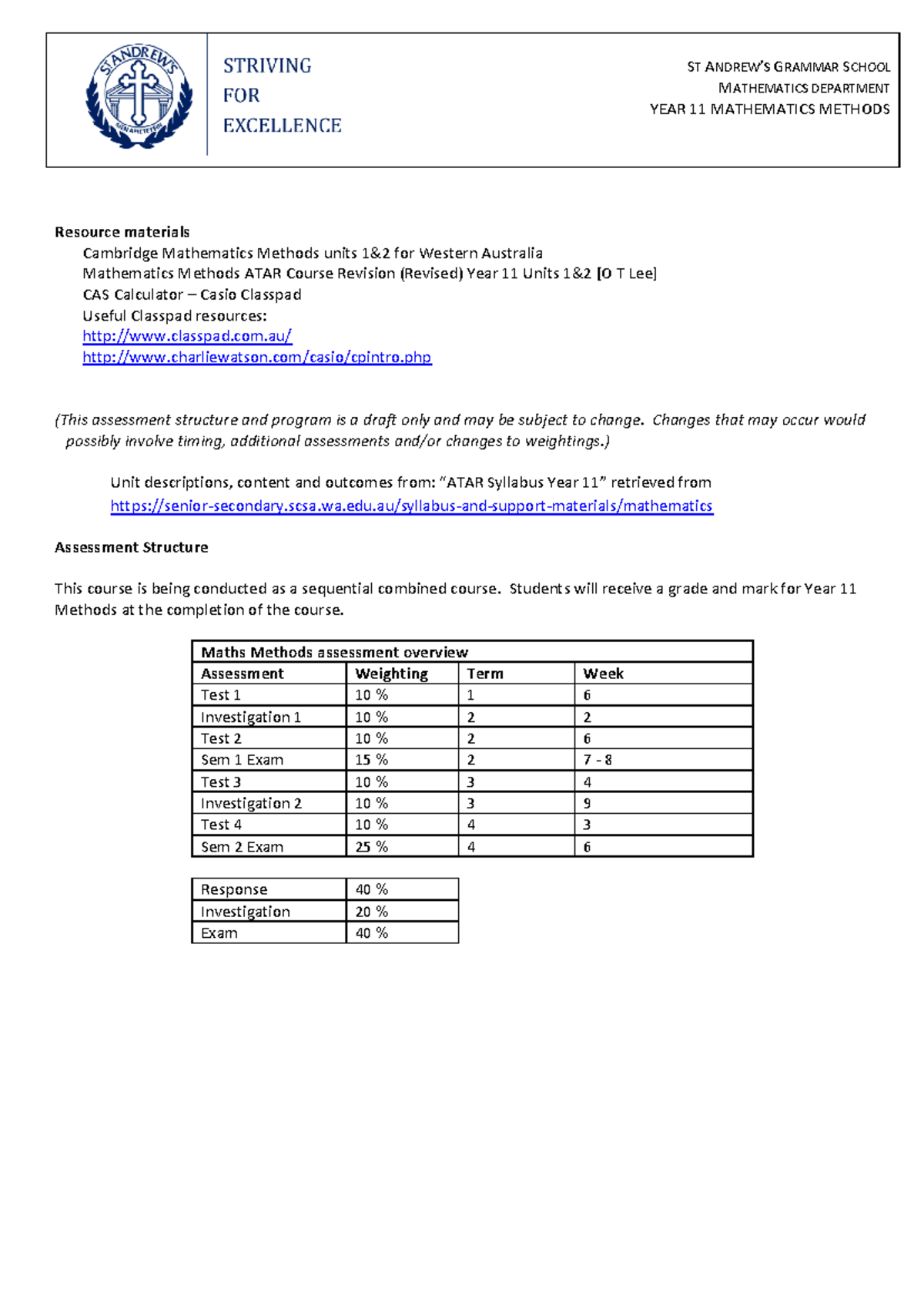 Year 11 Maths Methods ATAR Course Assessment Overview & Resources - Studocu