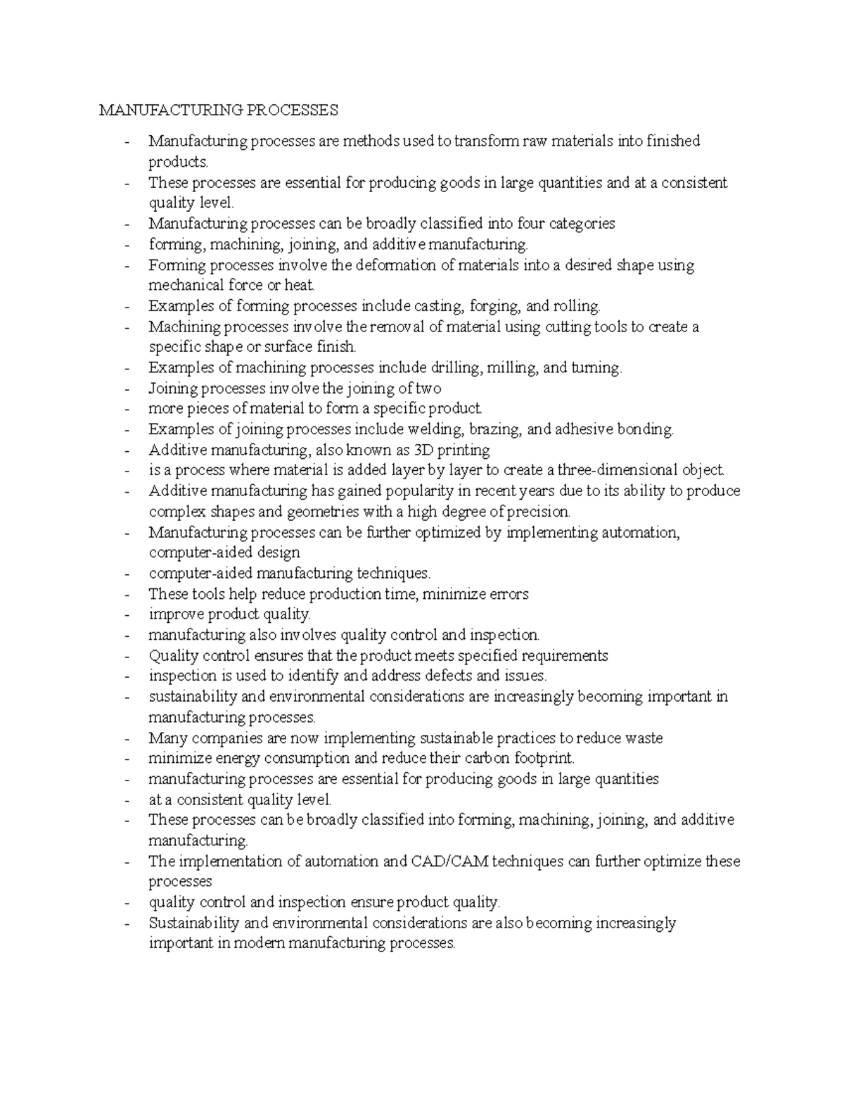 Manufacturing Processes Notes 1 - MANUFACTURING PROCESSES Manufacturing ...