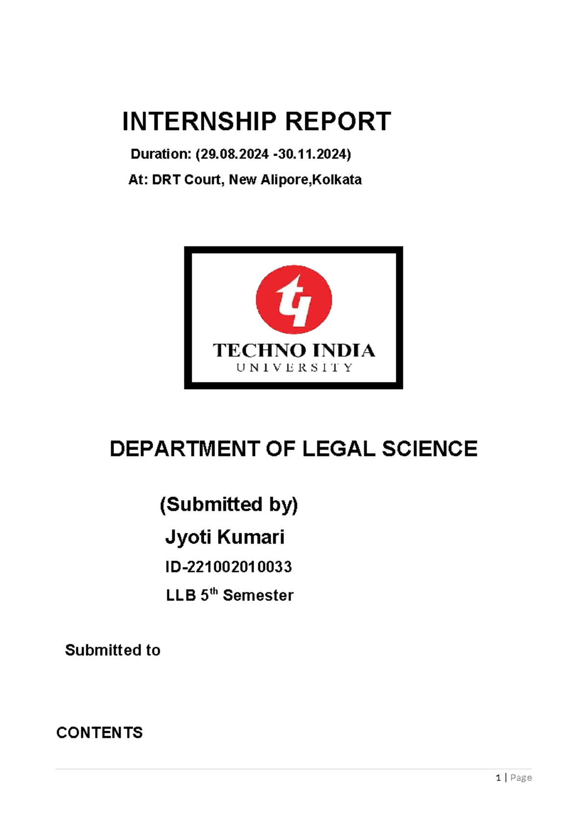 Internship Report (LLB 5th Sem) at Choudhury Associates, Kolkata - Studocu