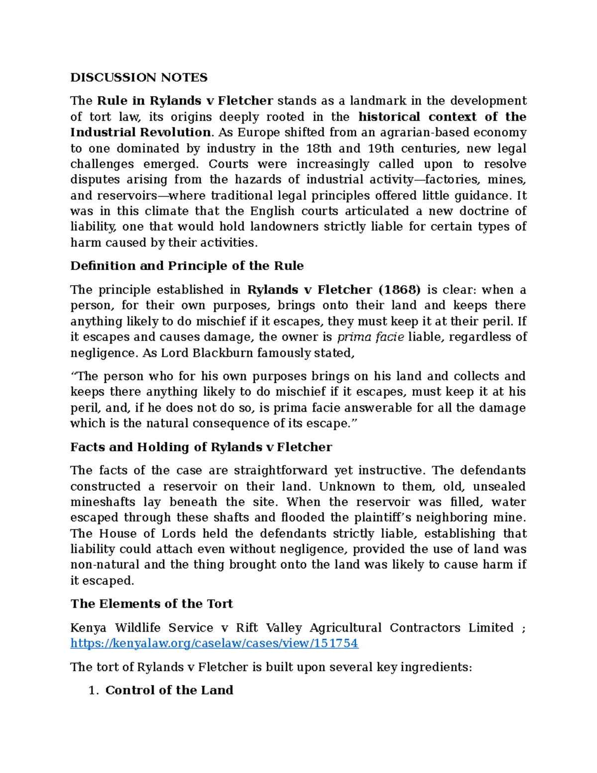 Discussion Notes on Rylands v Fletcher: Key Principles & Cases - Studocu