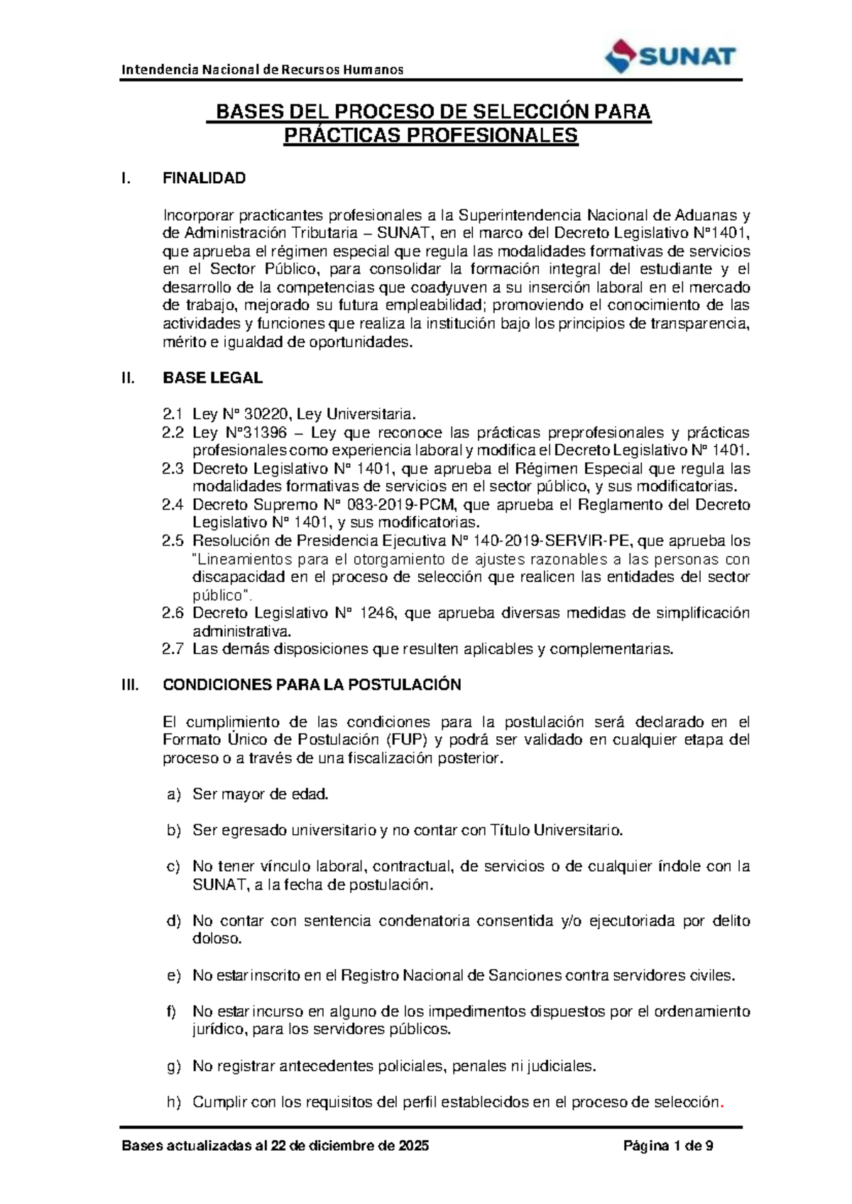 Bases del Proceso de Selección para Prácticas Profesionales SUNAT 2025 ...