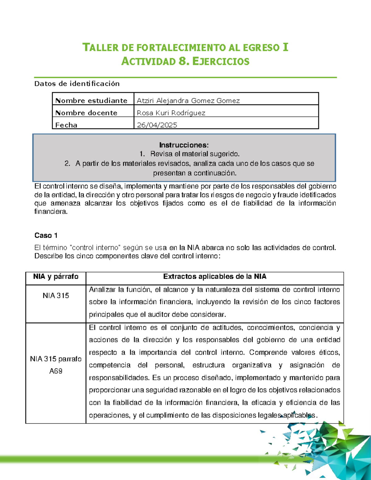 A#8 Ejercicios de Control Interno en TFAE - Studocu