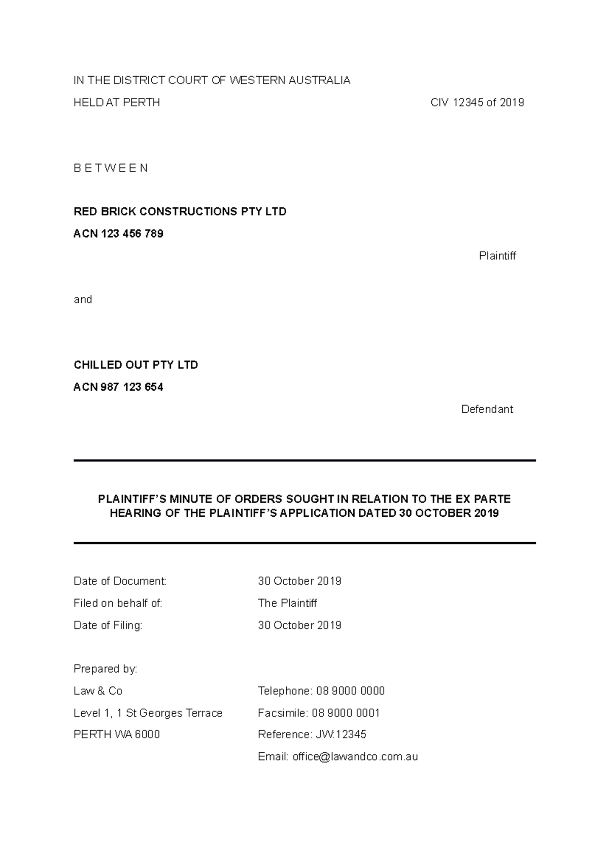 Civil Procedure CIV 12345: Plaintiff's Minute of Orders Sought - Studocu